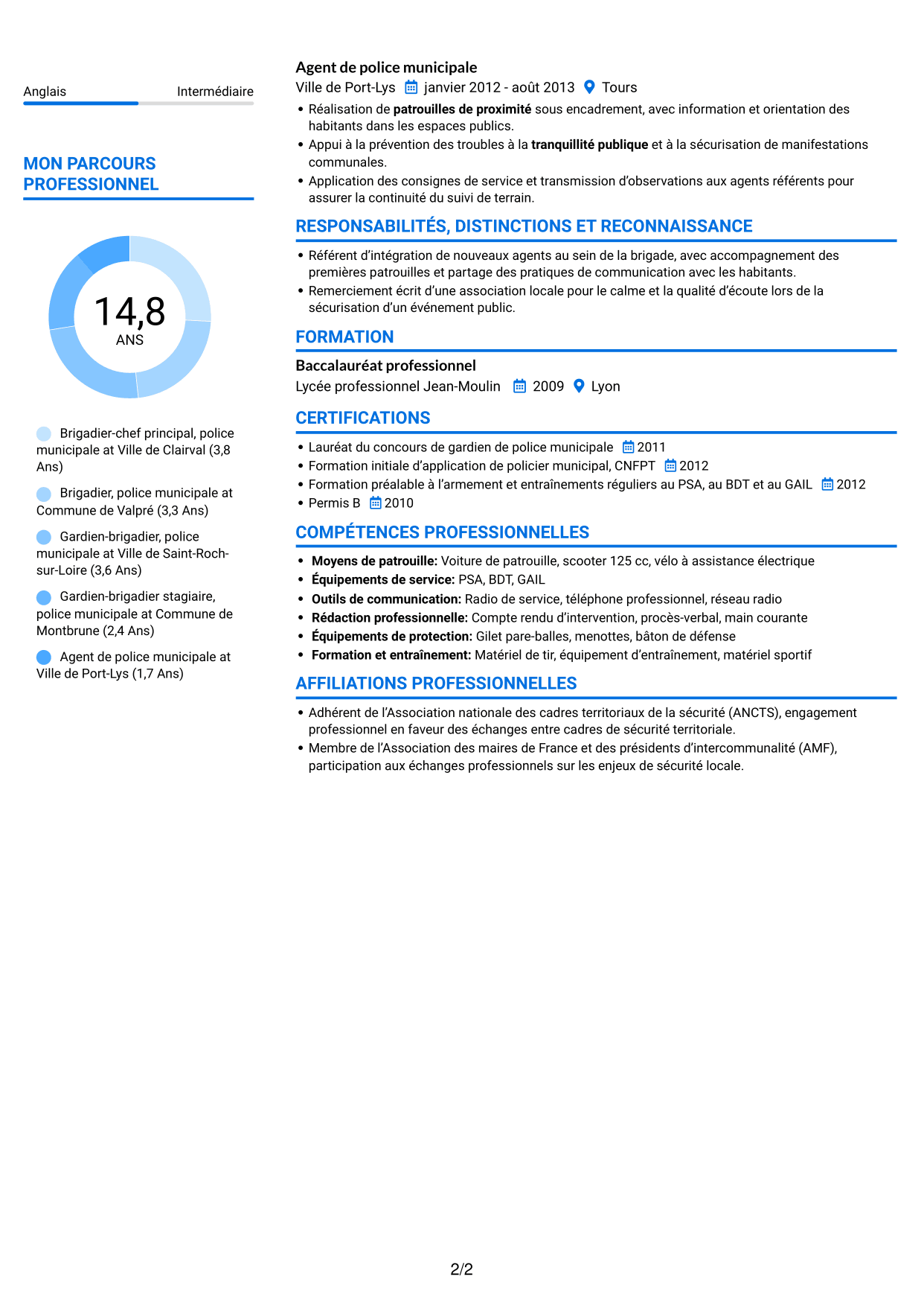 CV Audacieux (format à deux colonnes avec accents colorés et photo) : Agent de police municipale - Sécurité de proximité, page 2