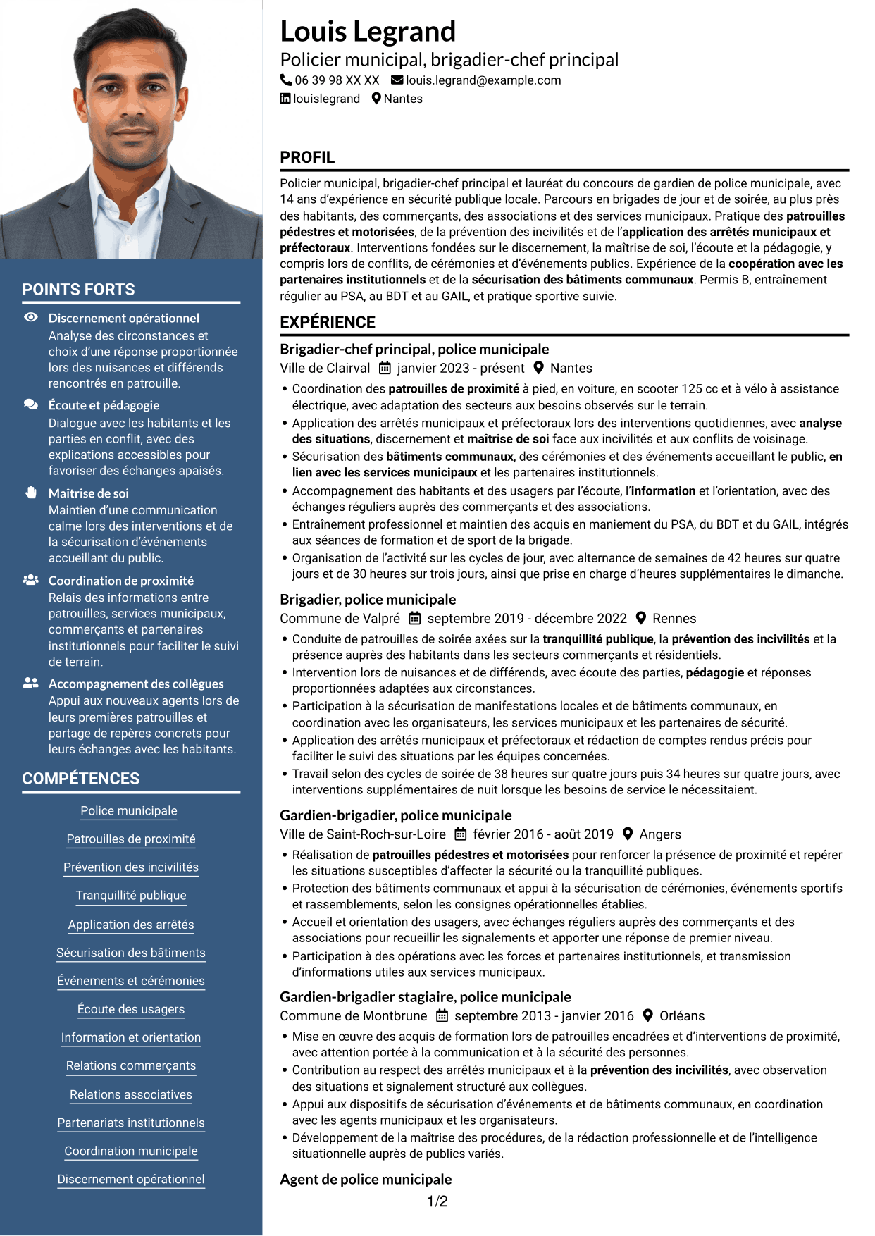 CV Signature (format à colonne latérale colorée avec grande photo) : Agent de police municipale - Sécurité de proximité, page 1