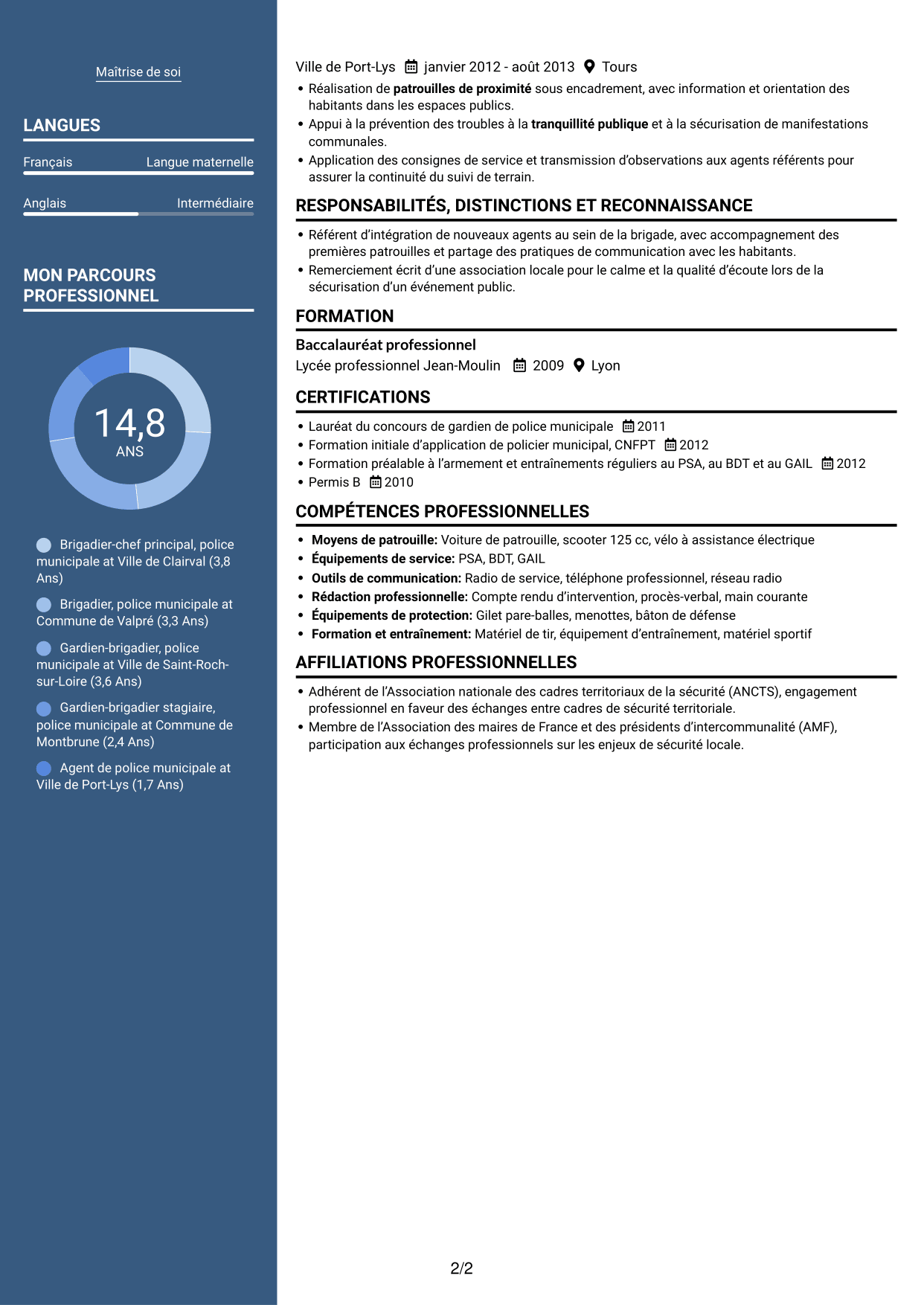 CV Signature (format à colonne latérale colorée avec grande photo) : Agent de police municipale - Sécurité de proximité, page 2