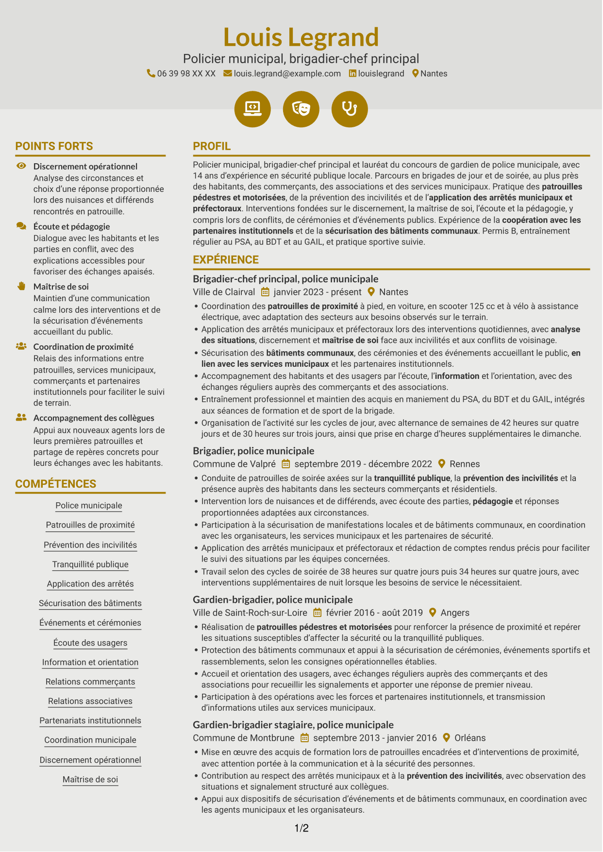 CV Dynamique (format à deux colonnes avec icônes) : Agent de police municipale - Sécurité de proximité, page 1