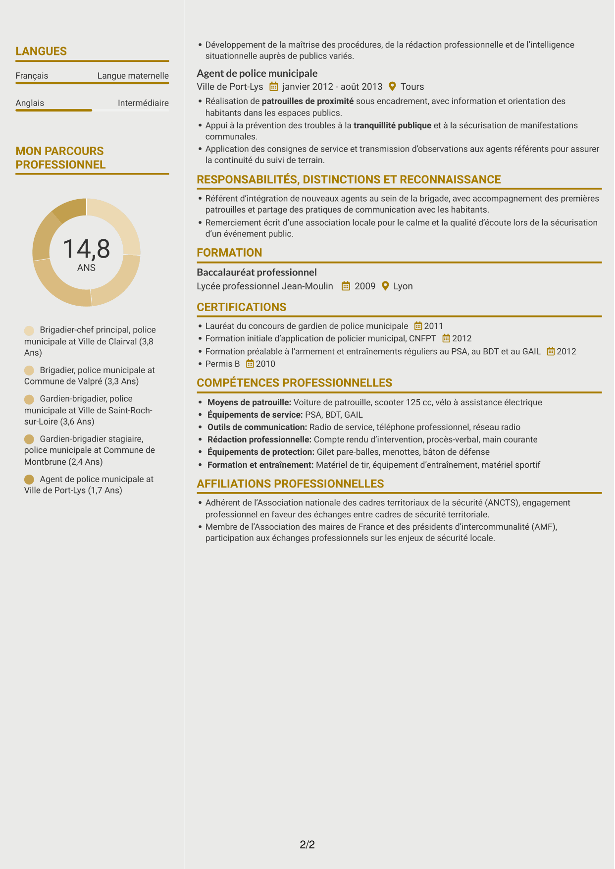 CV Dynamique (format à deux colonnes avec icônes) : Agent de police municipale - Sécurité de proximité, page 2