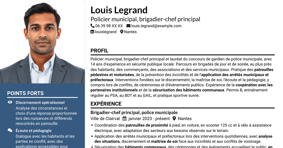 7 modèles de CV pour Agent de police municipale - Sécurité de proximité, avec exemples