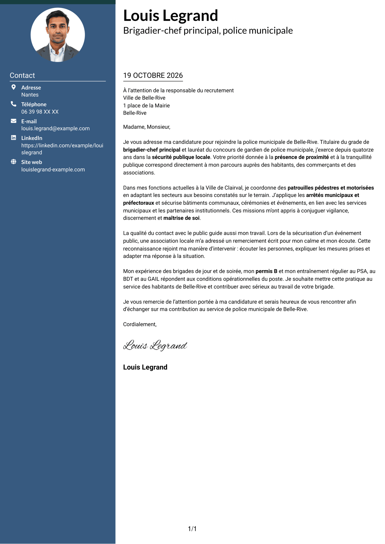 Lettre de motivation Élégant (format à colonne latérale colorée avec photo) : Agent de police municipale - Sécurité de proximité, page 1