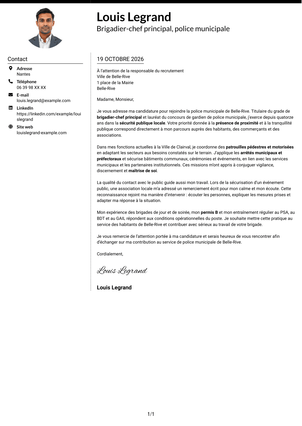 Lettre de motivation Moderne (format à deux colonnes avec photo à gauche et séparateur) : Agent de police municipale - Sécurité de proximité, page 1