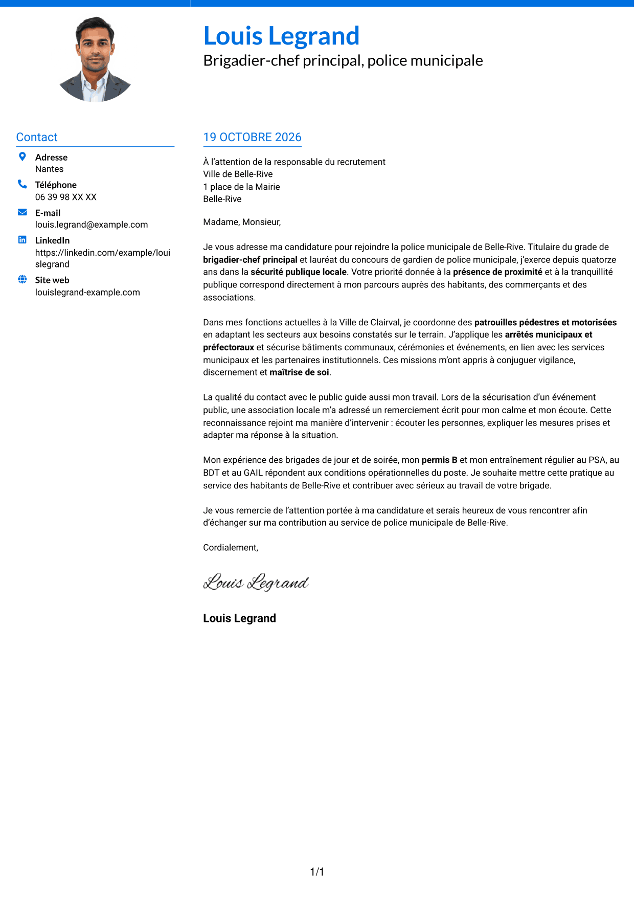 Lettre de motivation Audacieux (format à deux colonnes avec accents colorés et photo) : Agent de police municipale - Sécurité de proximité, page 1