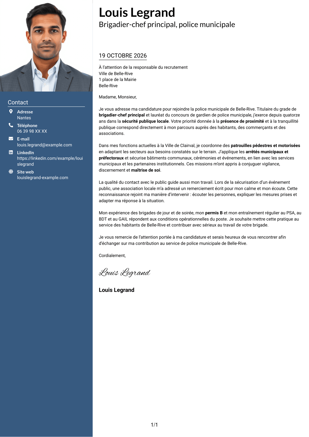 Lettre de motivation Signature (format à colonne latérale colorée avec grande photo) : Agent de police municipale - Sécurité de proximité, page 1