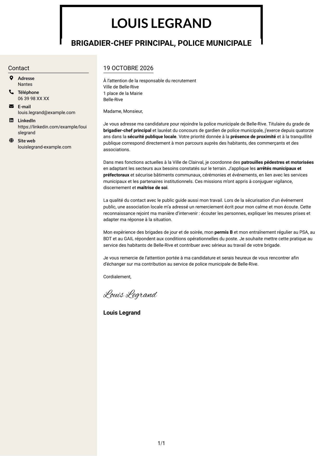Lettre de motivation Fonceur (format à deux colonnes avec en-tête centré sans photo) : Agent de police municipale - Sécurité de proximité, page 1