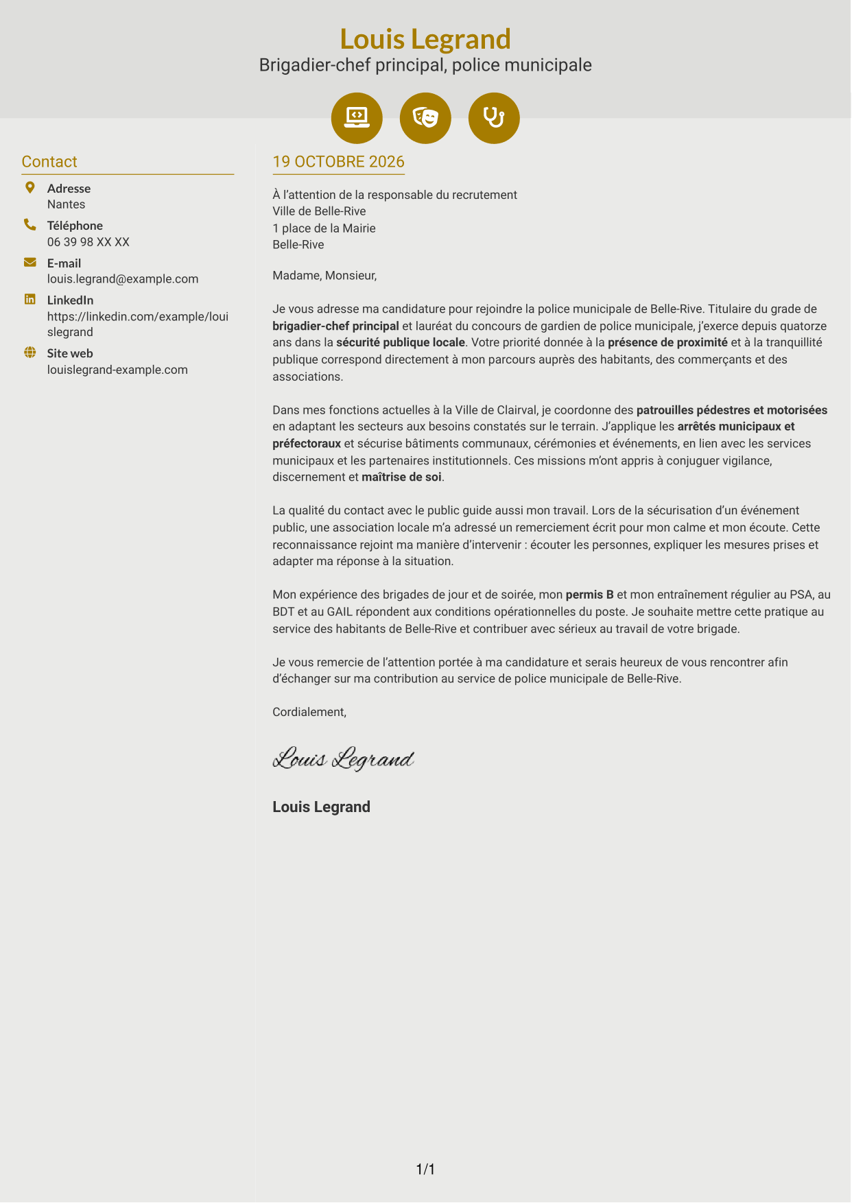 Lettre de motivation Dynamique (format à deux colonnes avec icônes) : Agent de police municipale - Sécurité de proximité, page 1