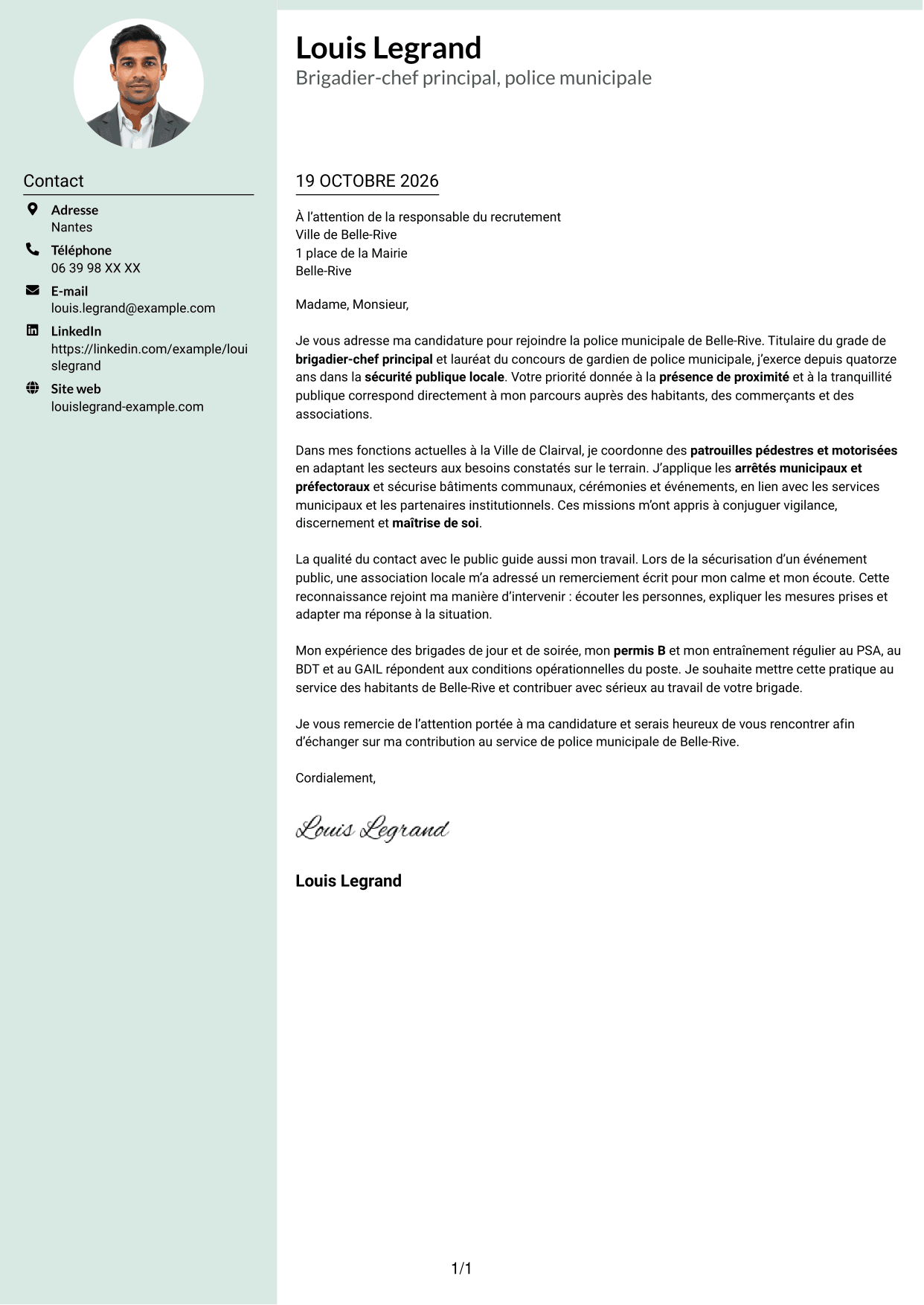 Lettre de motivation Cadre (format à colonne latérale douce avec photo arrondie) : Agent de police municipale - Sécurité de proximité, page 1