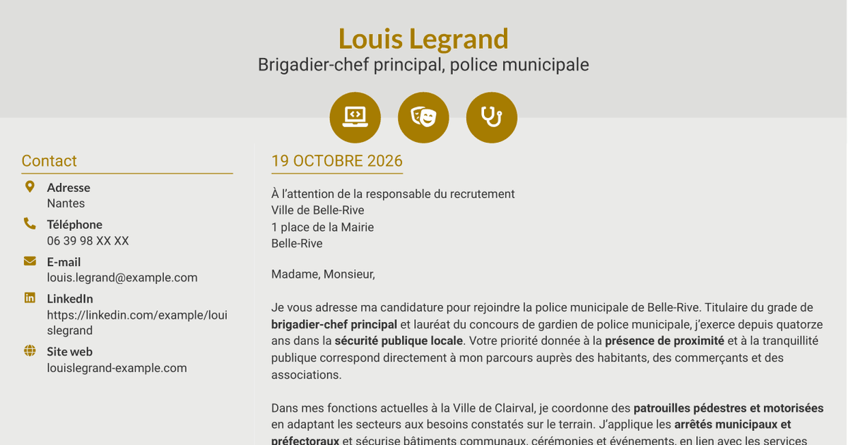 7 modèles de lettre de motivation pour Agent de police municipale - Sécurité de proximité, avec exemples