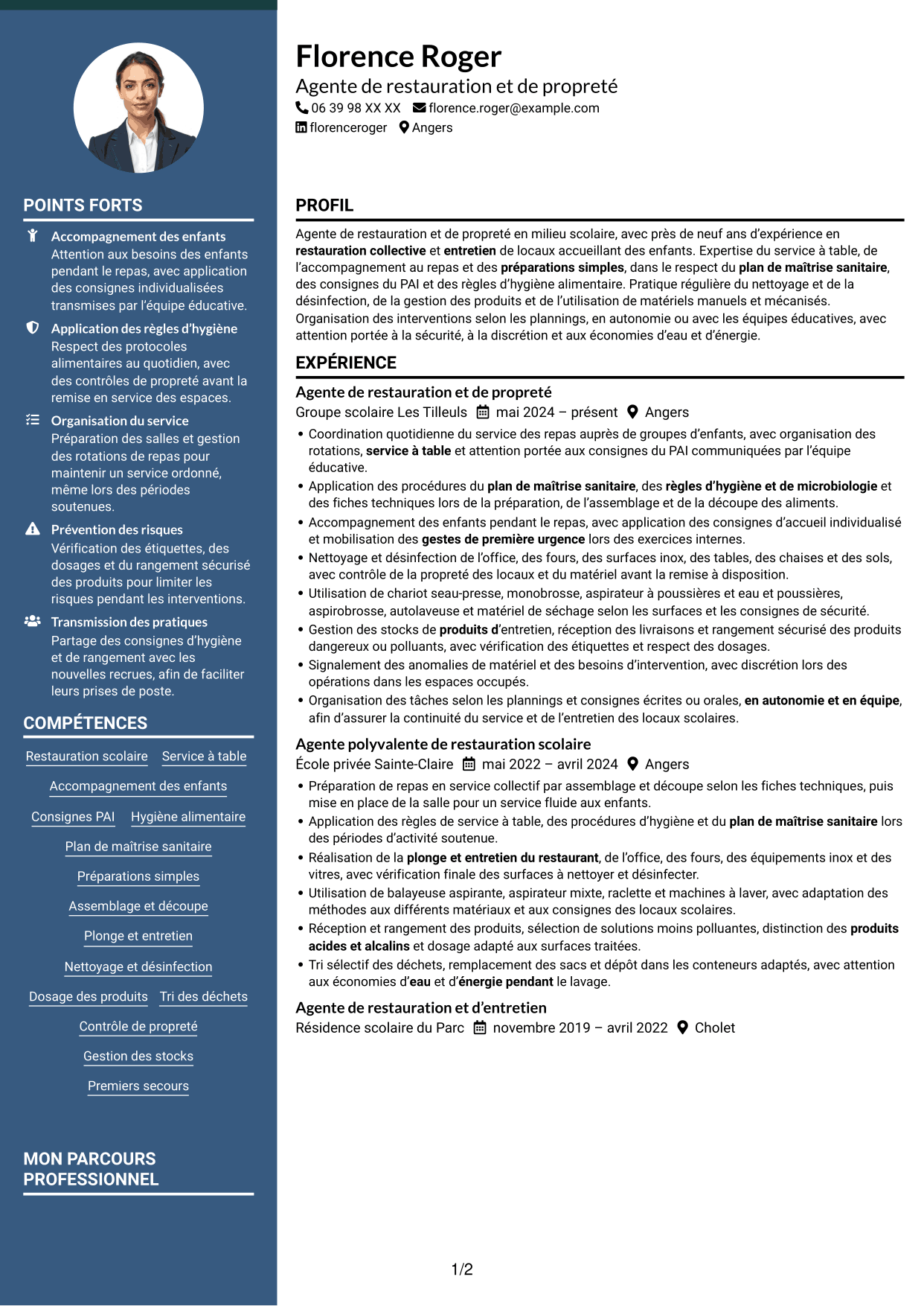 CV Élégant (format à colonne latérale colorée avec photo) : Agent de restauration et de propreté - Restauration scolaire, page 1