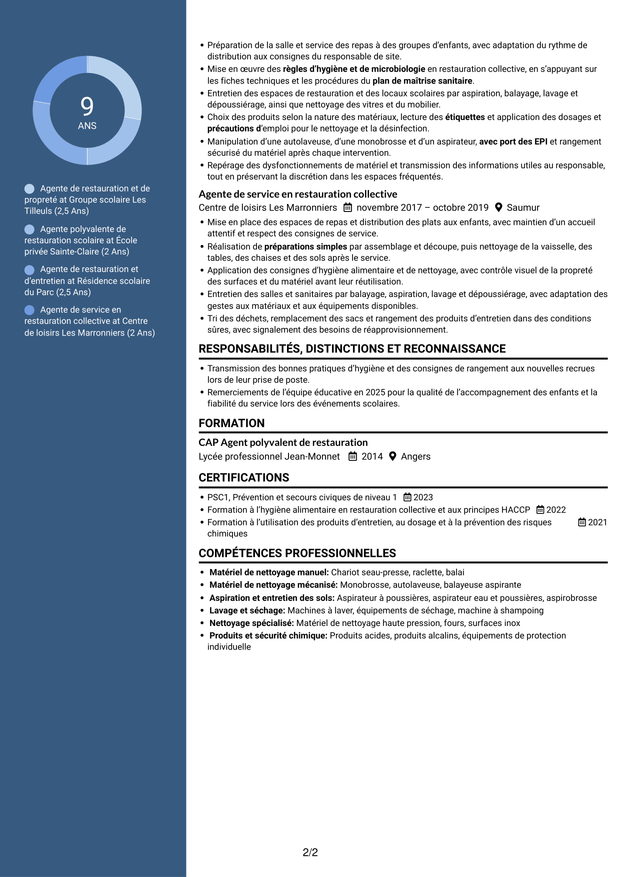 CV Élégant (format à colonne latérale colorée avec photo) : Agent de restauration et de propreté - Restauration scolaire, page 2