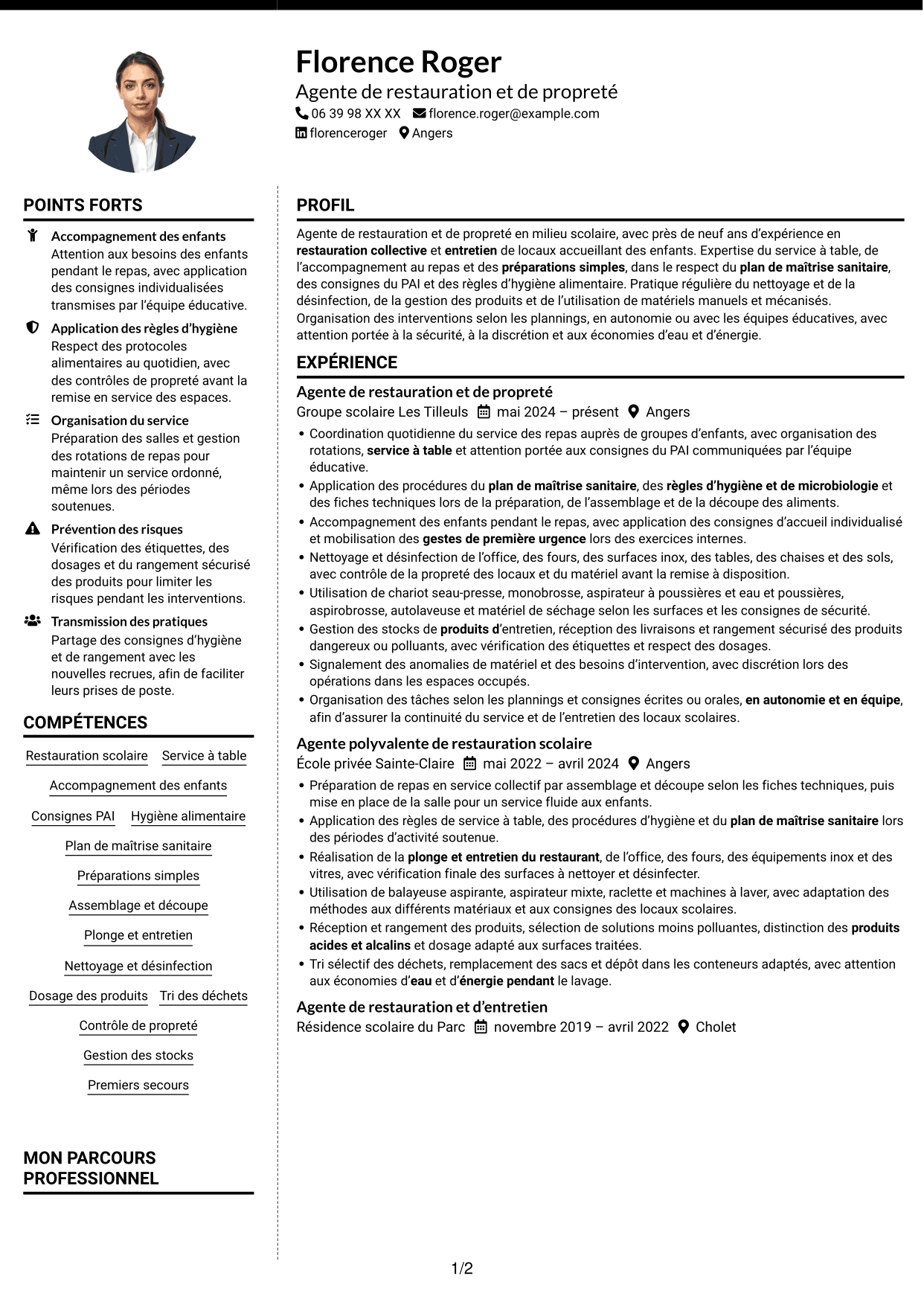 CV Moderne (format à deux colonnes avec photo à gauche et séparateur) : Agent de restauration et de propreté - Restauration scolaire, page 1