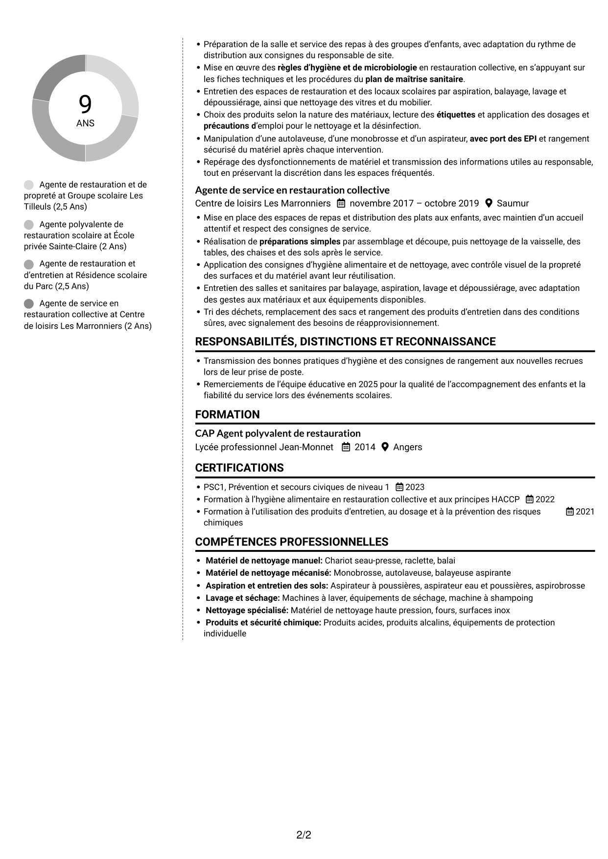 CV Moderne (format à deux colonnes avec photo à gauche et séparateur) : Agent de restauration et de propreté - Restauration scolaire, page 2