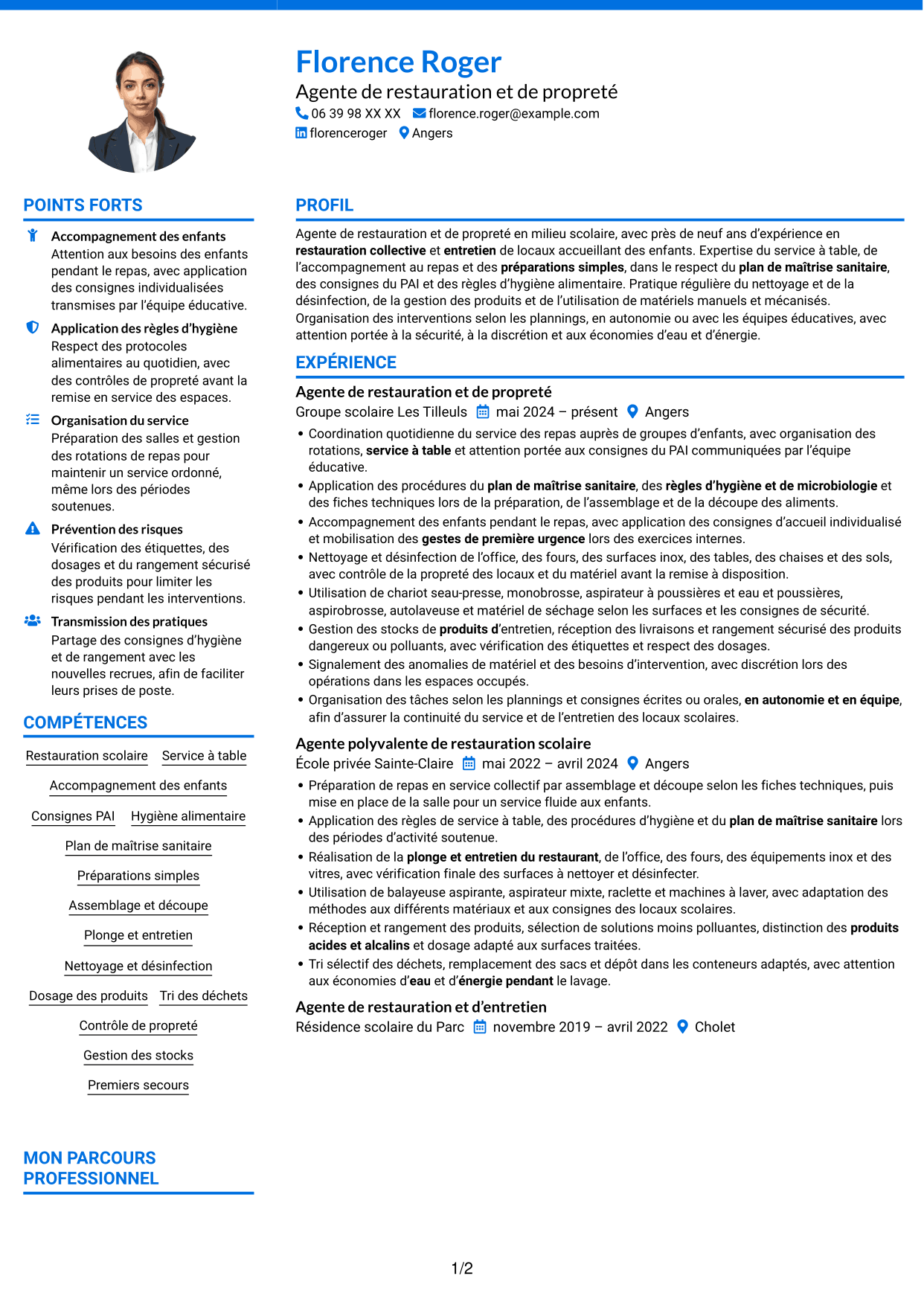 CV Audacieux (format à deux colonnes avec accents colorés et photo) : Agent de restauration et de propreté - Restauration scolaire, page 1