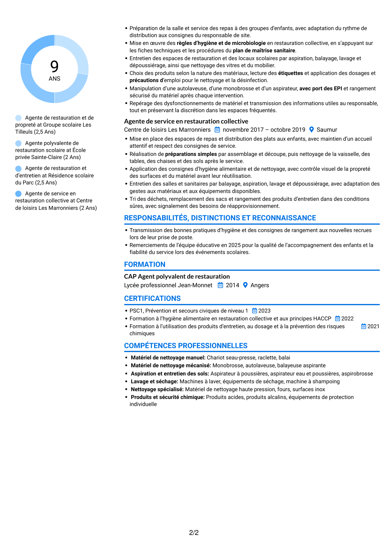 CV Audacieux (format à deux colonnes avec accents colorés et photo) : Agent de restauration et de propreté - Restauration scolaire, page 2