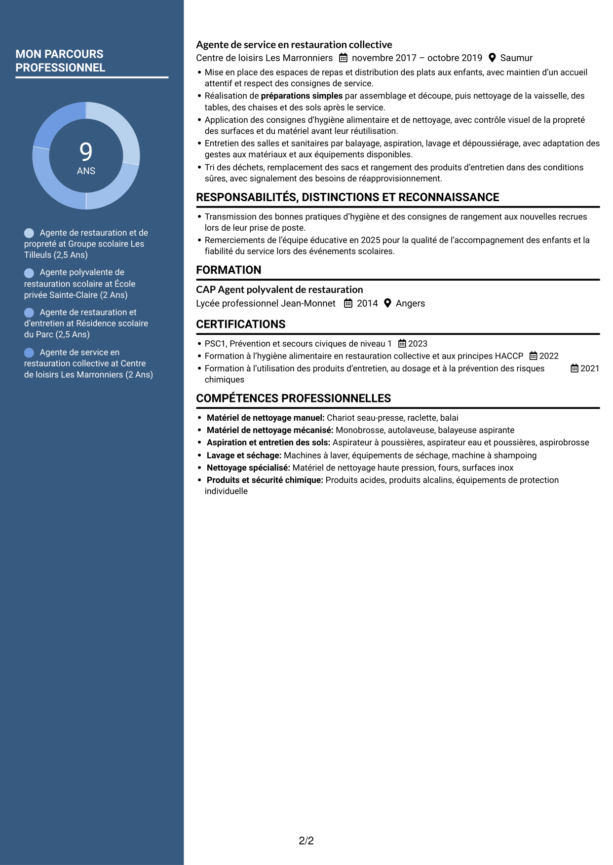 CV Signature (format à colonne latérale colorée avec grande photo) : Agent de restauration et de propreté - Restauration scolaire, page 2