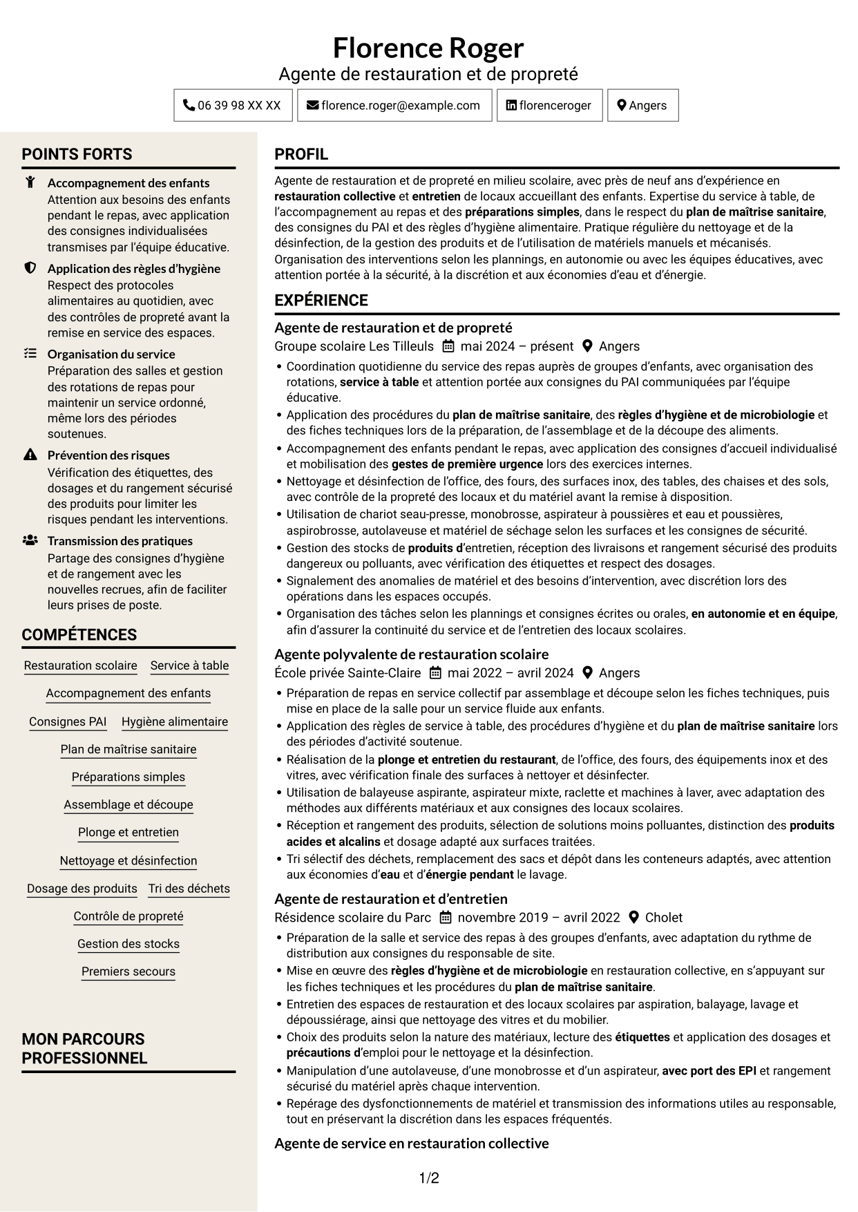 CV Fonceur (format à deux colonnes avec en-tête centré sans photo) : Agent de restauration et de propreté - Restauration scolaire, page 1