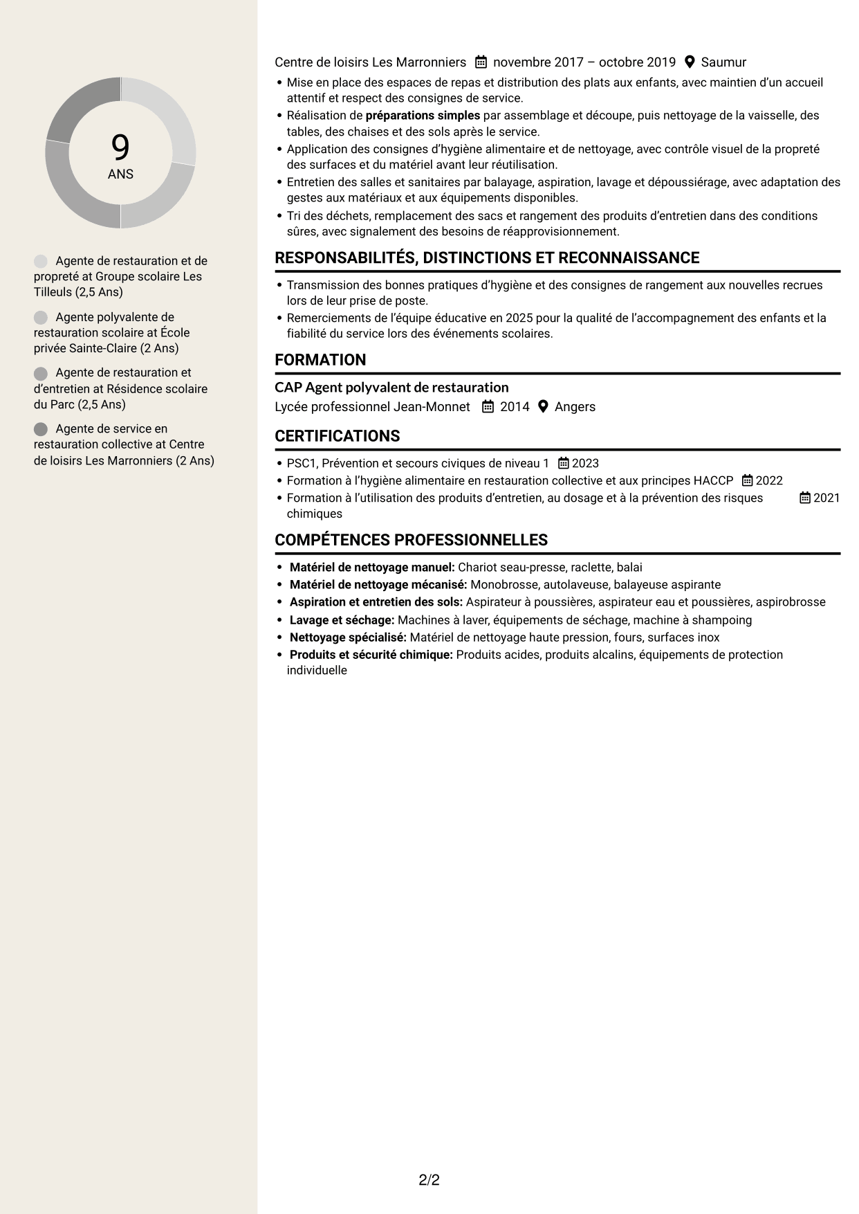 CV Fonceur (format à deux colonnes avec en-tête centré sans photo) : Agent de restauration et de propreté - Restauration scolaire, page 2