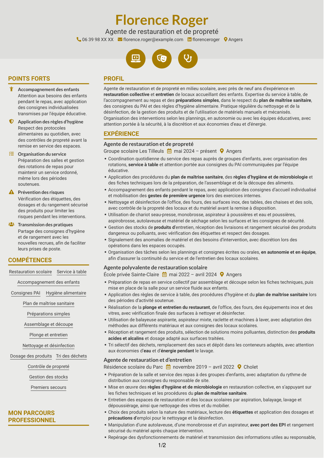 CV Dynamique (format à deux colonnes avec icônes) : Agent de restauration et de propreté - Restauration scolaire, page 1
