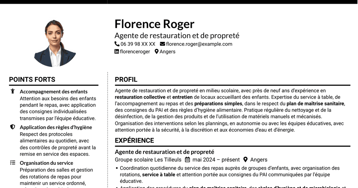 7 modèles de CV pour Agent de restauration et de propreté - Restauration scolaire, avec exemples