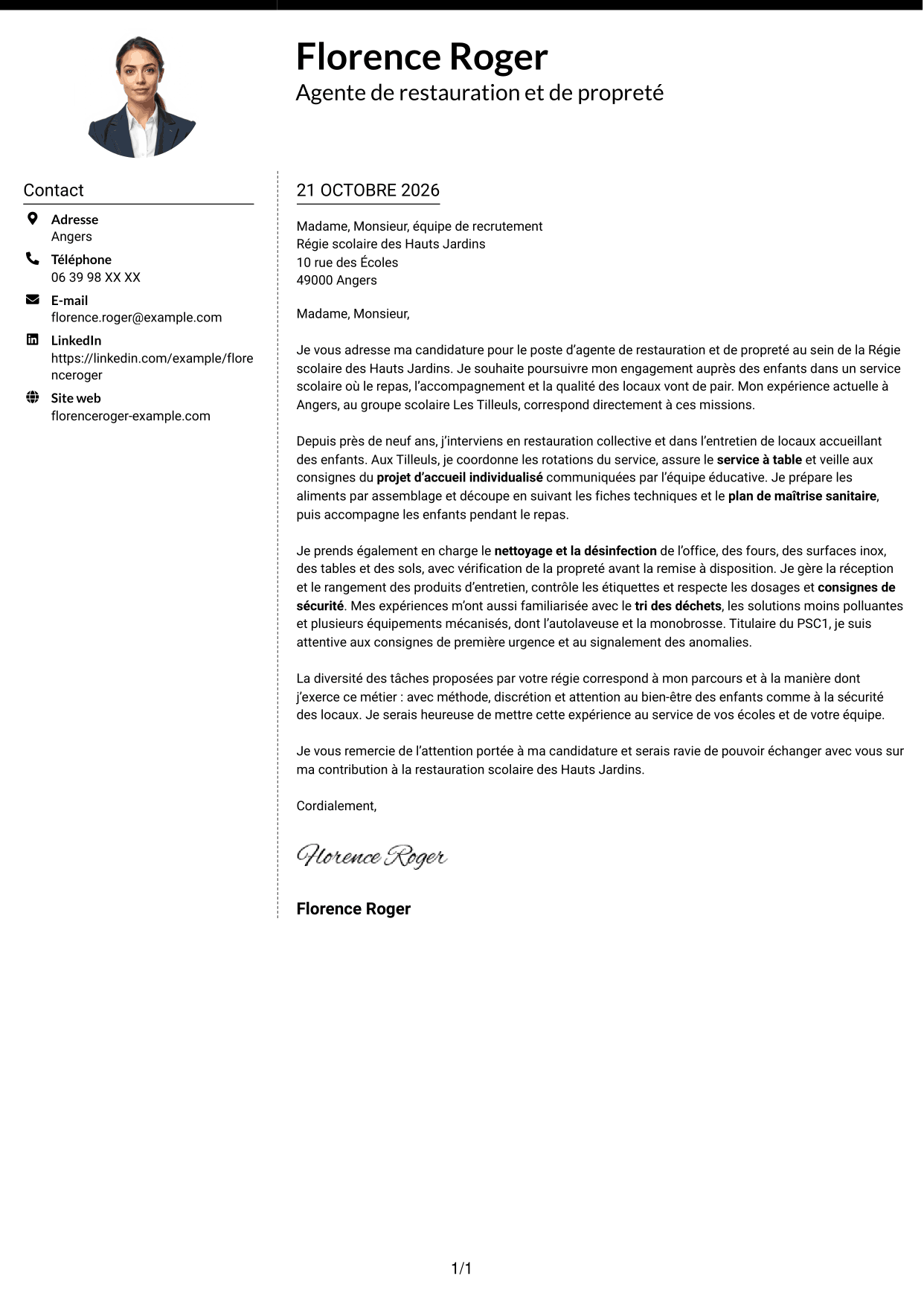Lettre de motivation Moderne (format à deux colonnes avec photo à gauche et séparateur) : Agent de restauration et de propreté - Restauration scolaire, page 1
