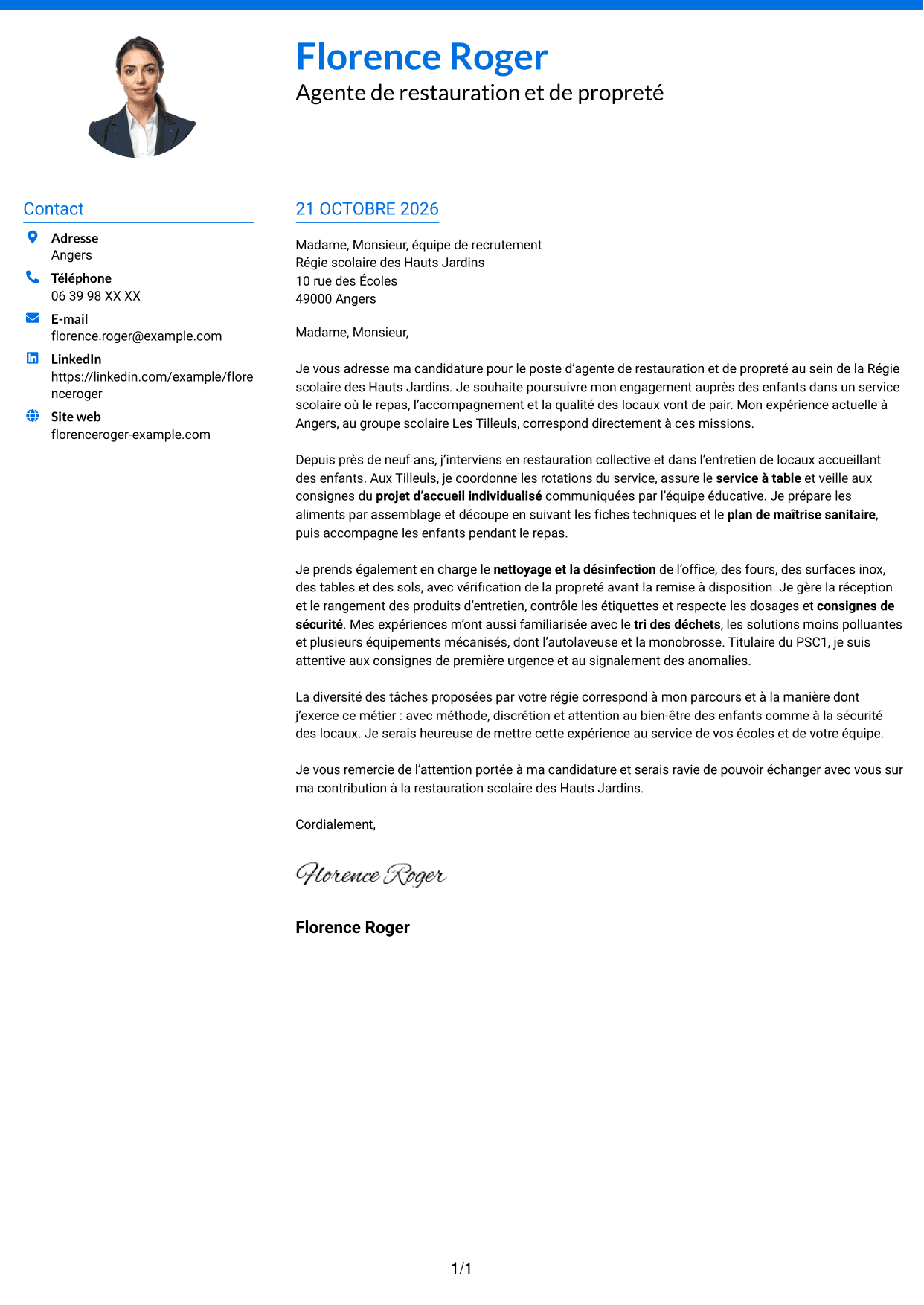 Lettre de motivation Audacieux (format à deux colonnes avec accents colorés et photo) : Agent de restauration et de propreté - Restauration scolaire, page 1
