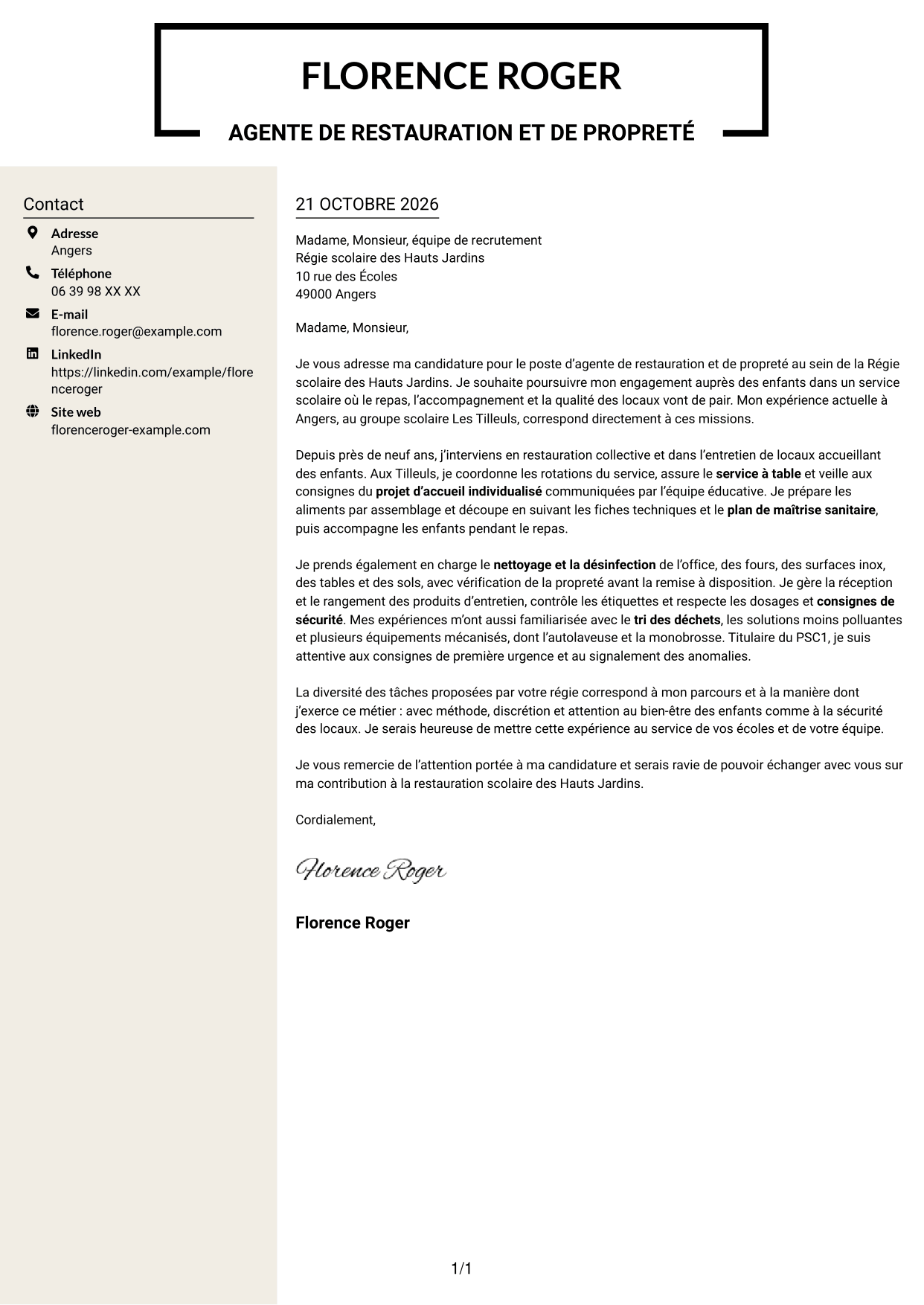 Lettre de motivation Fonceur (format à deux colonnes avec en-tête centré sans photo) : Agent de restauration et de propreté - Restauration scolaire, page 1