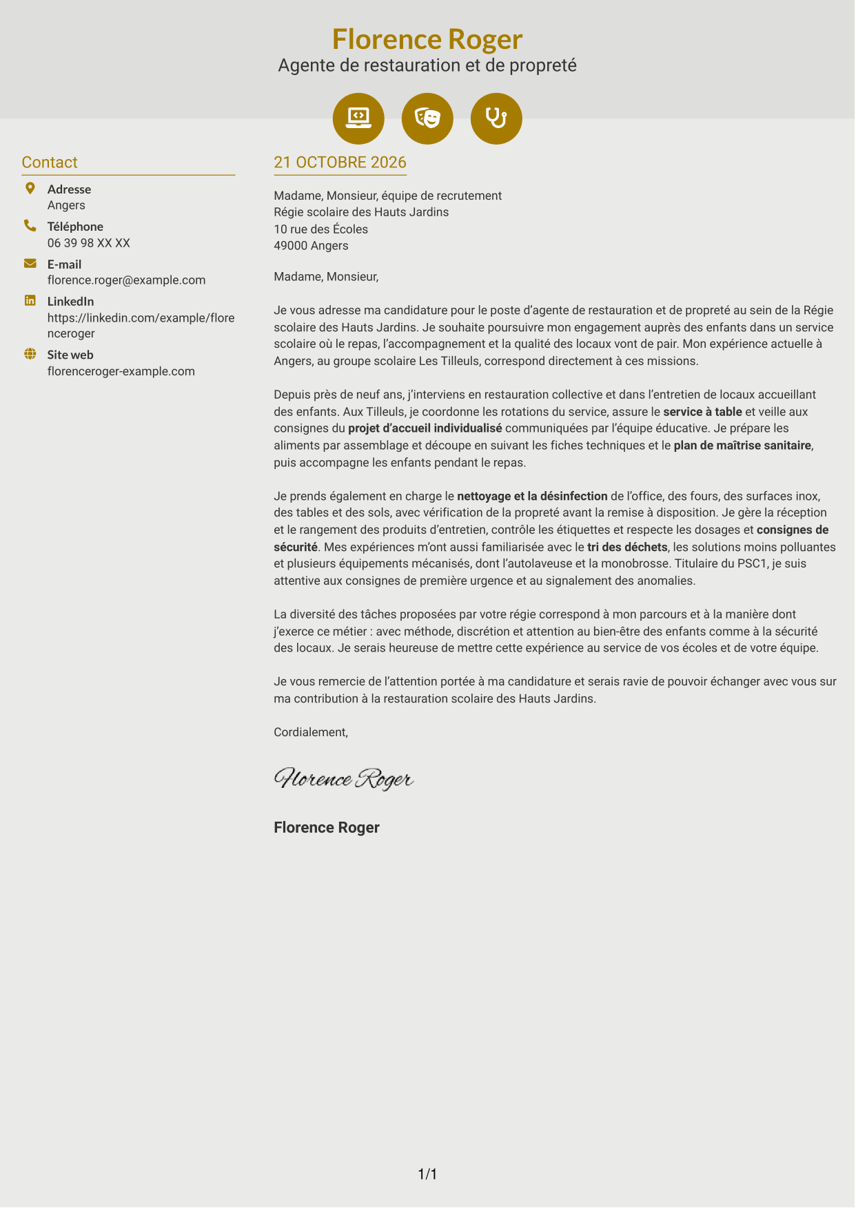 Lettre de motivation Dynamique (format à deux colonnes avec icônes) : Agent de restauration et de propreté - Restauration scolaire, page 1