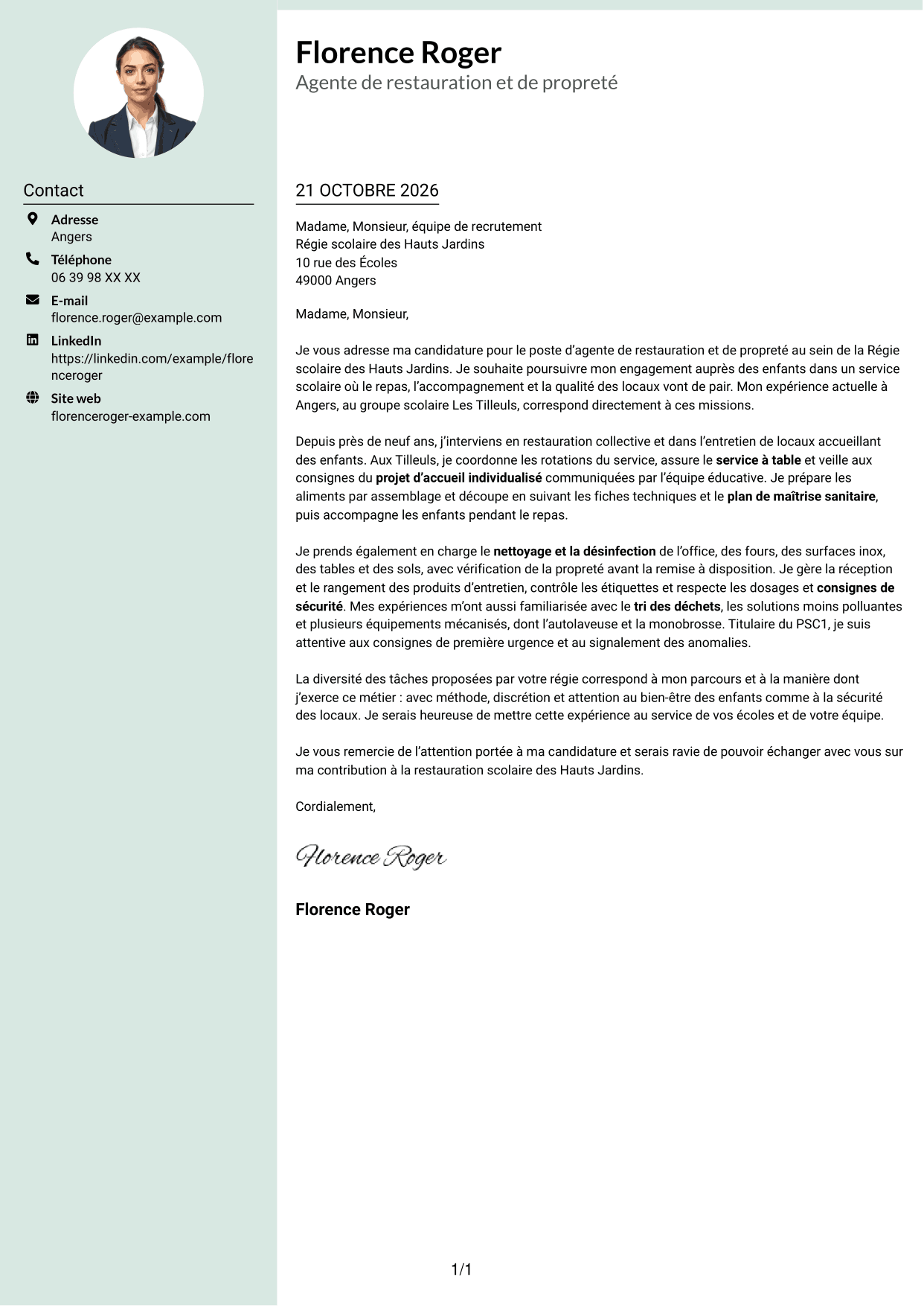 Lettre de motivation Cadre (format à colonne latérale douce avec photo arrondie) : Agent de restauration et de propreté - Restauration scolaire, page 1