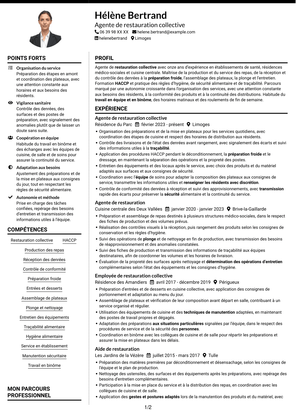 CV Moderne (format à deux colonnes avec photo à gauche et séparateur) : Agent de restauration - Restauration collective, page 1