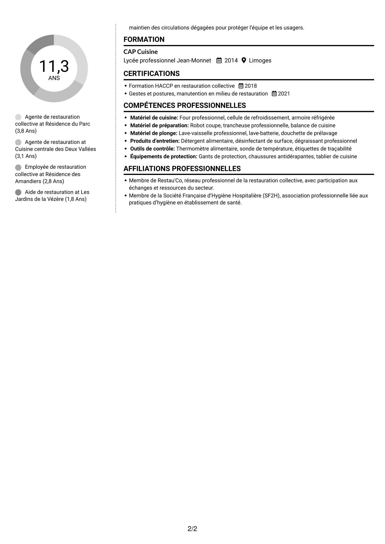 CV Moderne (format à deux colonnes avec photo à gauche et séparateur) : Agent de restauration - Restauration collective, page 2