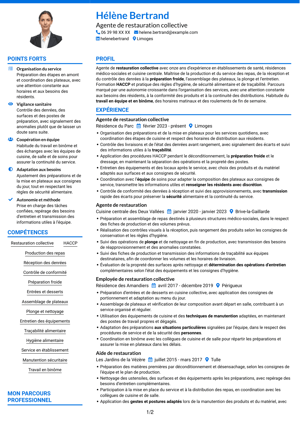 CV Audacieux (format à deux colonnes avec accents colorés et photo) : Agent de restauration - Restauration collective, page 1