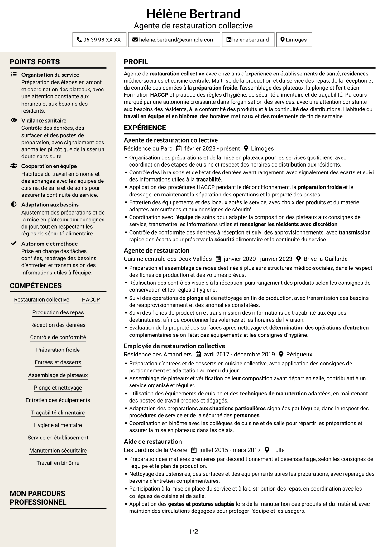 CV Fonceur (format à deux colonnes avec en-tête centré sans photo) : Agent de restauration - Restauration collective, page 1