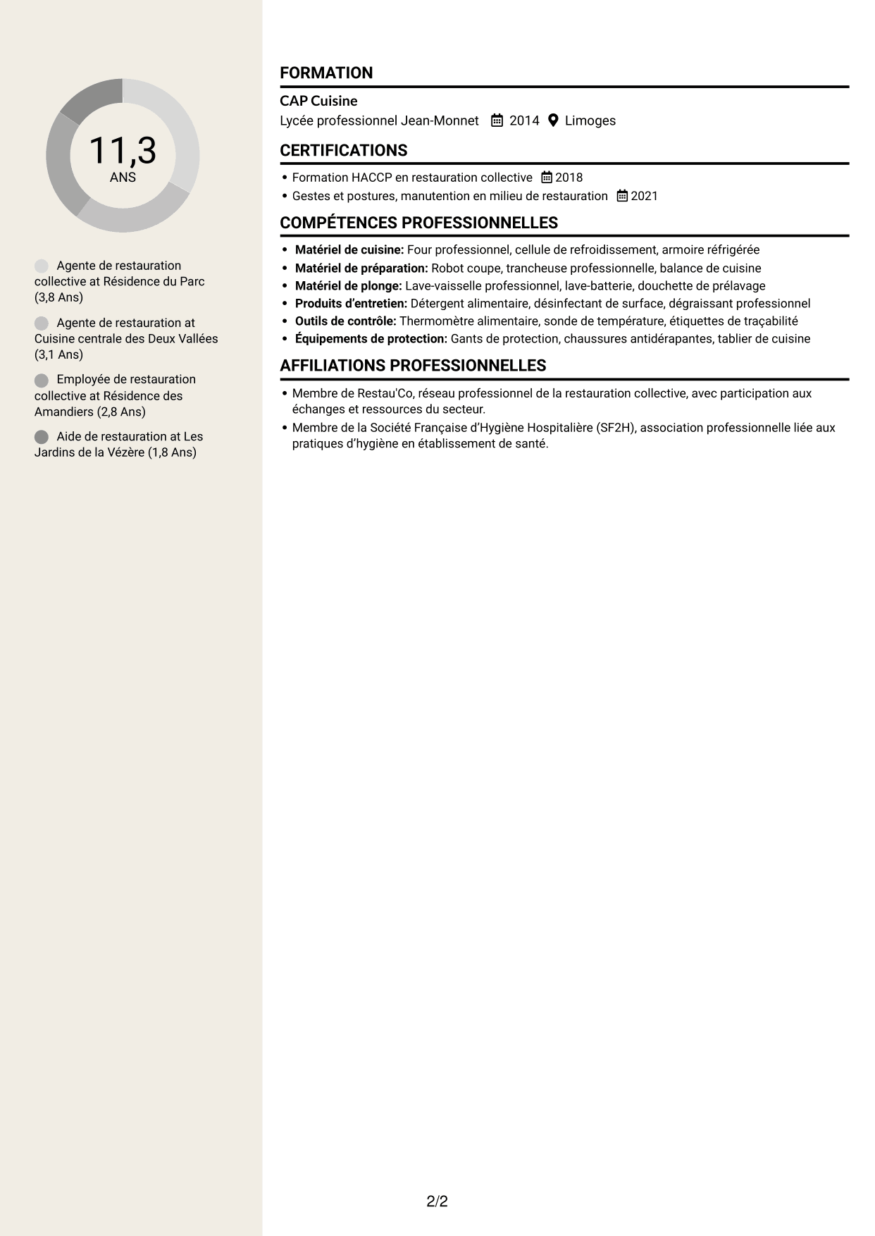 CV Fonceur (format à deux colonnes avec en-tête centré sans photo) : Agent de restauration - Restauration collective, page 2
