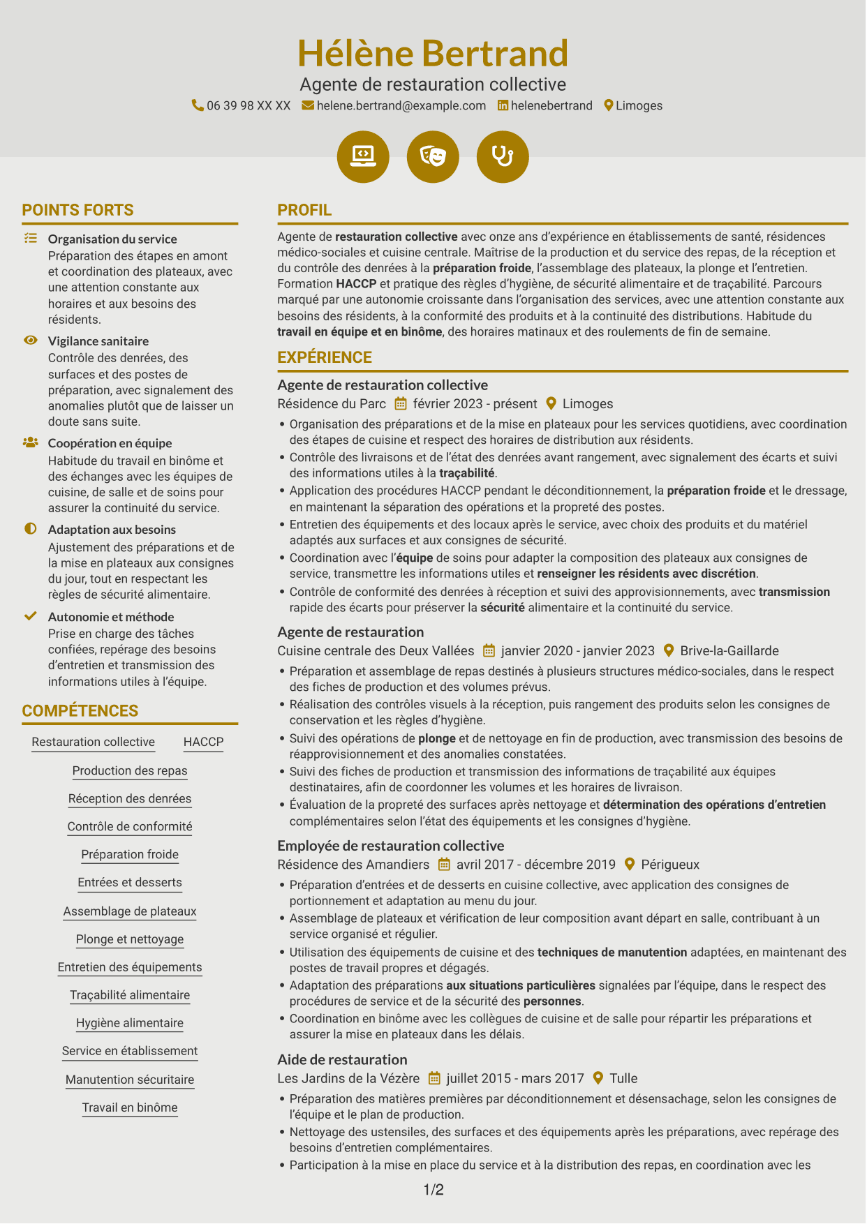 CV Dynamique (format à deux colonnes avec icônes) : Agent de restauration - Restauration collective, page 1