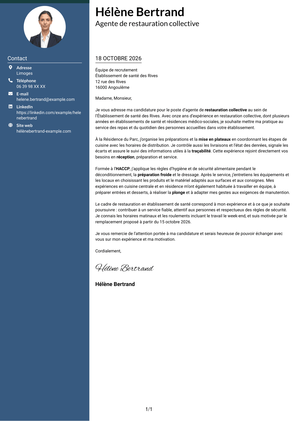 Lettre de motivation Élégant (format à colonne latérale colorée avec photo) : Agent de restauration - Restauration collective, page 1