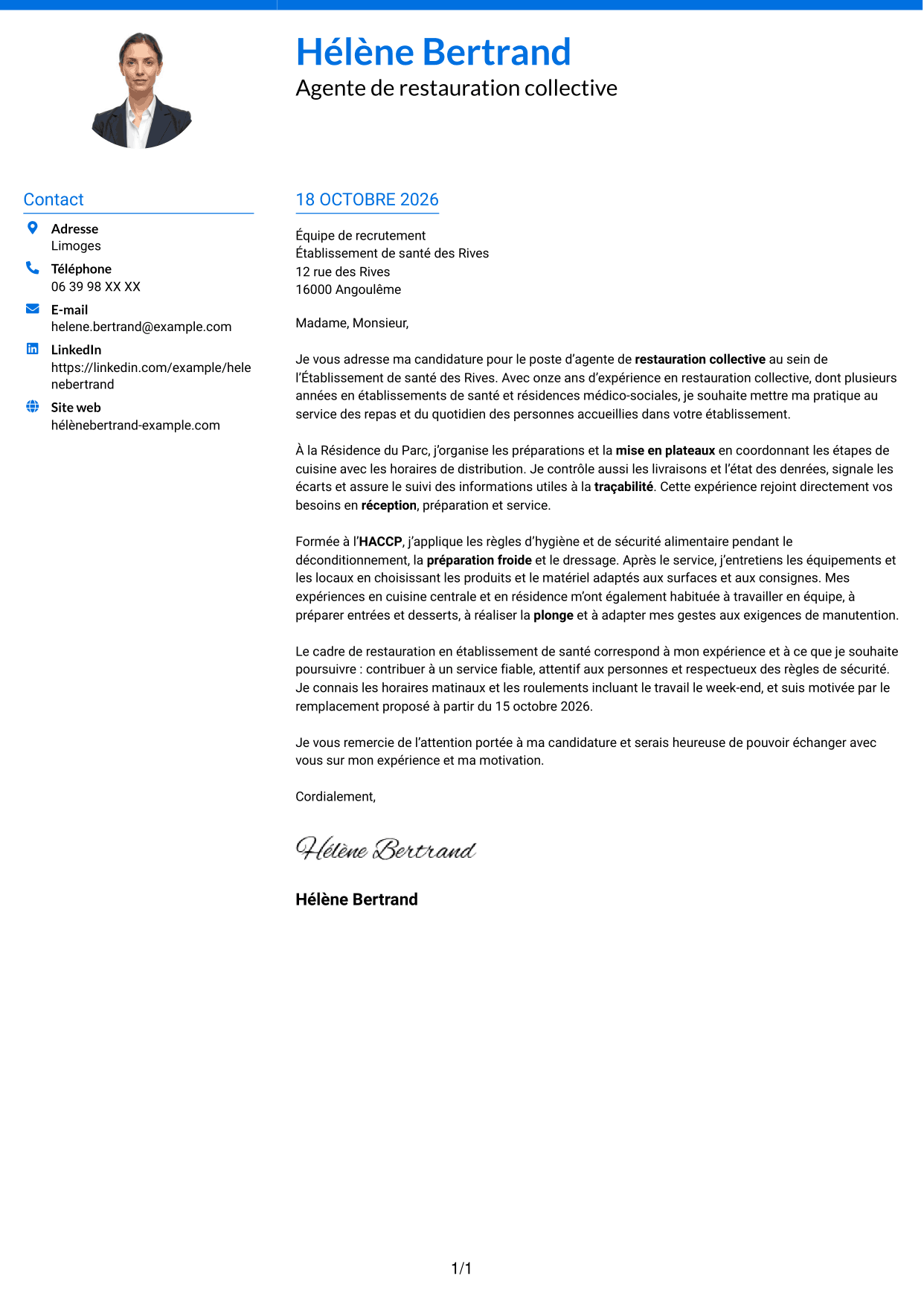 Lettre de motivation Audacieux (format à deux colonnes avec accents colorés et photo) : Agent de restauration - Restauration collective, page 1