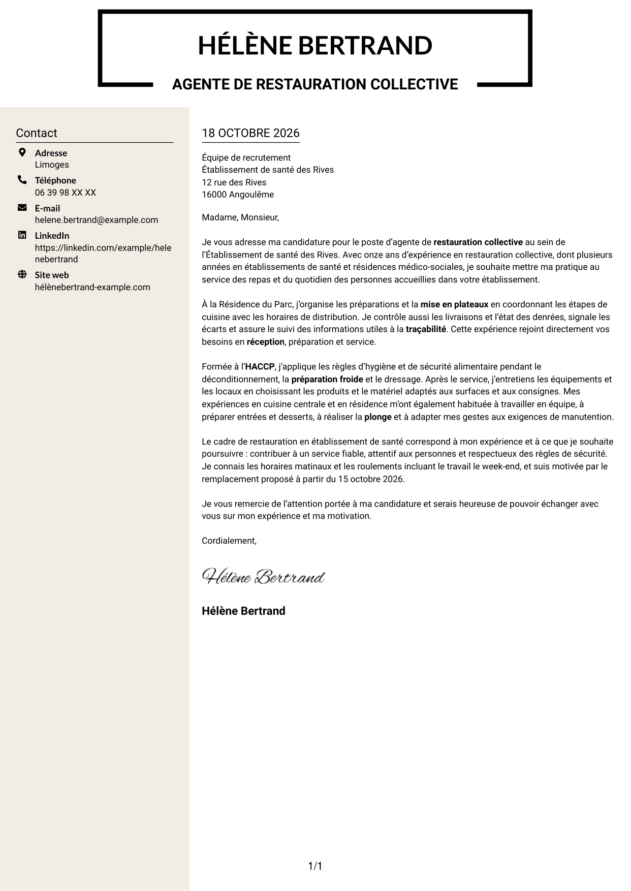 Lettre de motivation Fonceur (format à deux colonnes avec en-tête centré sans photo) : Agent de restauration - Restauration collective, page 1
