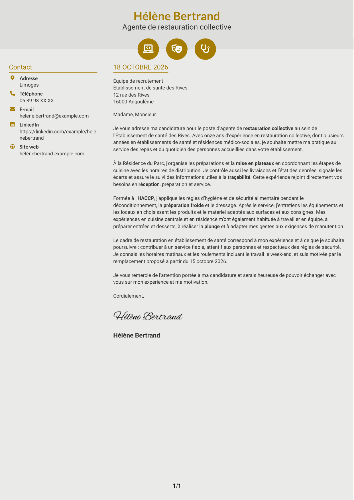 Lettre de motivation Dynamique (format à deux colonnes avec icônes) : Agent de restauration - Restauration collective, page 1