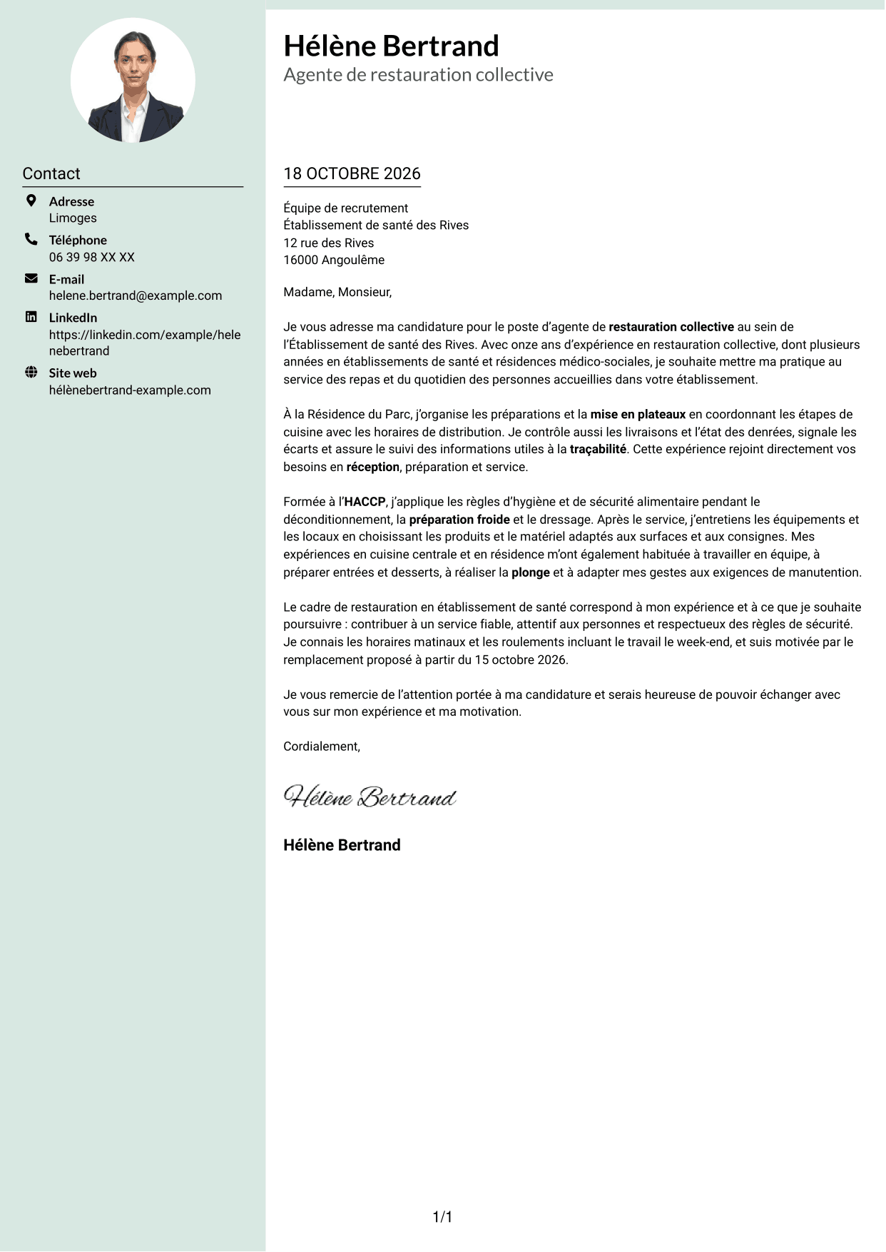 Lettre de motivation Cadre (format à colonne latérale douce avec photo arrondie) : Agent de restauration - Restauration collective, page 1