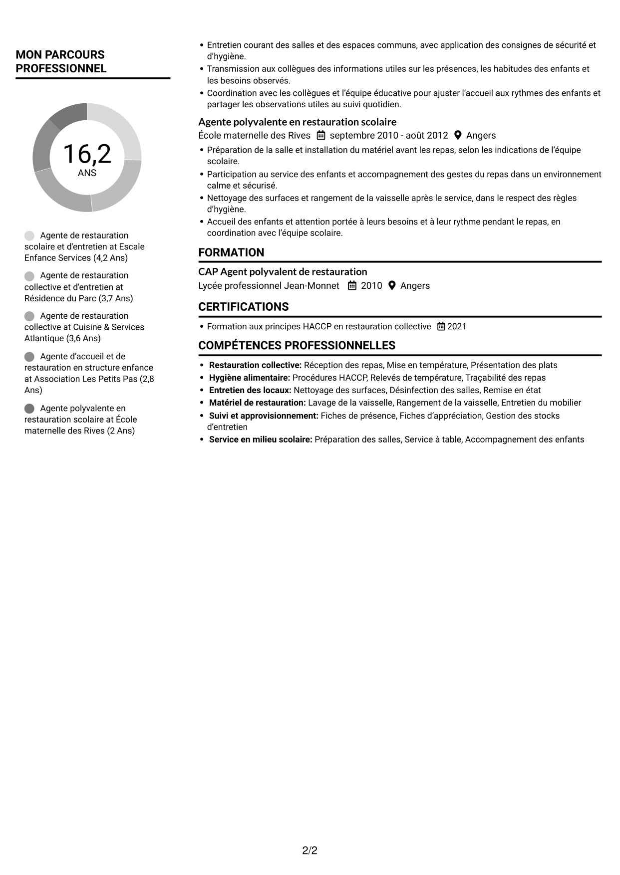 CV Compact (format sobre à deux colonnes avec photo) : Agent de restauration scolaire et d'entretien, page 2