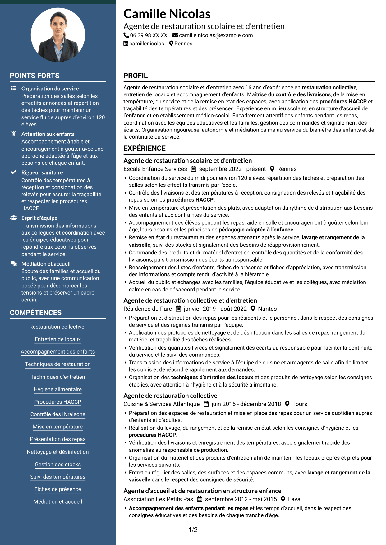 CV Élégant (format à colonne latérale colorée avec photo) : Agent de restauration scolaire et d'entretien, page 1