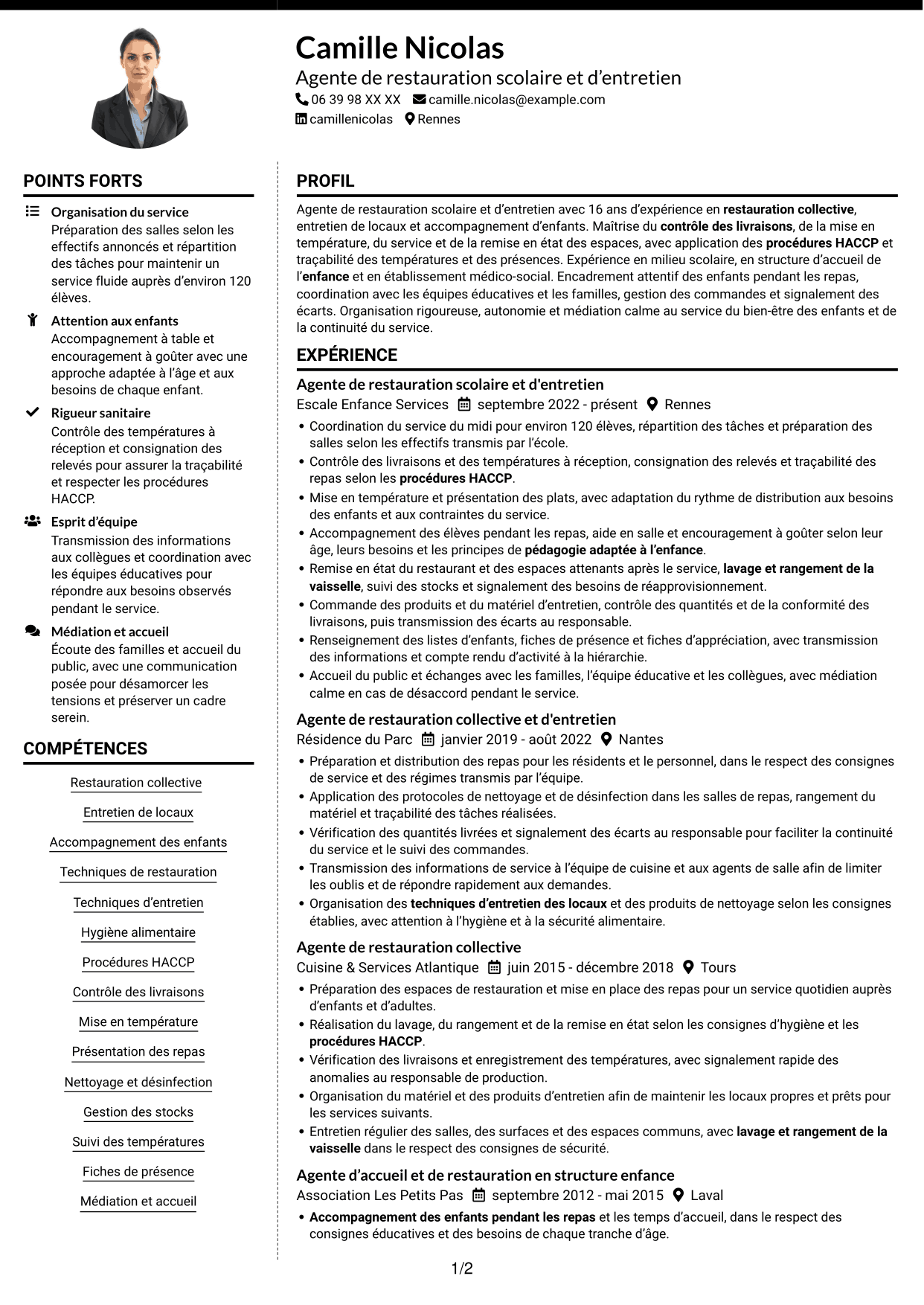 CV Moderne (format à deux colonnes avec photo à gauche et séparateur) : Agent de restauration scolaire et d'entretien, page 1
