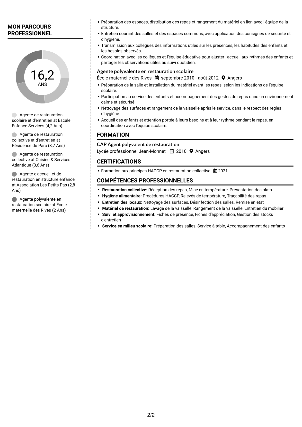 CV Moderne (format à deux colonnes avec photo à gauche et séparateur) : Agent de restauration scolaire et d'entretien, page 2