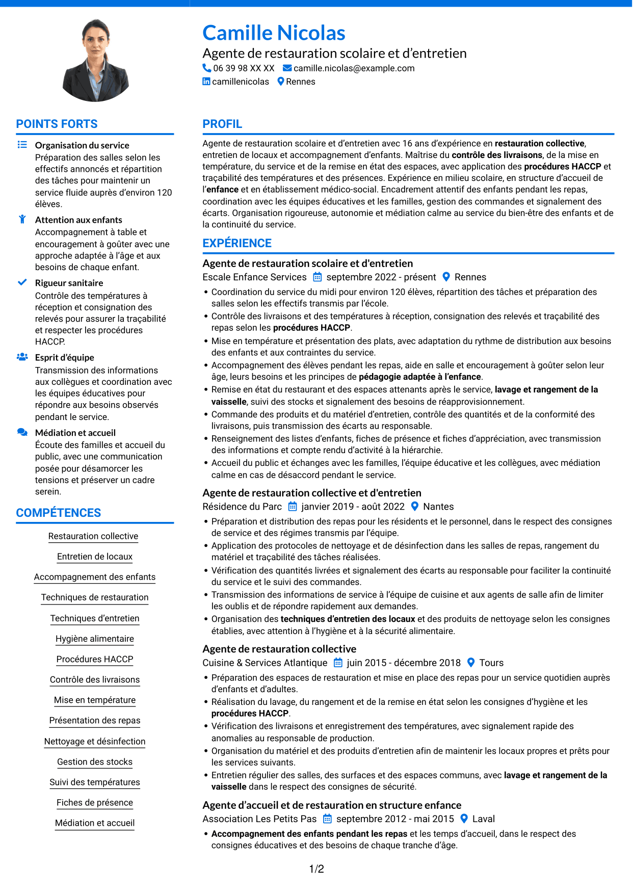 CV Audacieux (format à deux colonnes avec accents colorés et photo) : Agent de restauration scolaire et d'entretien, page 1