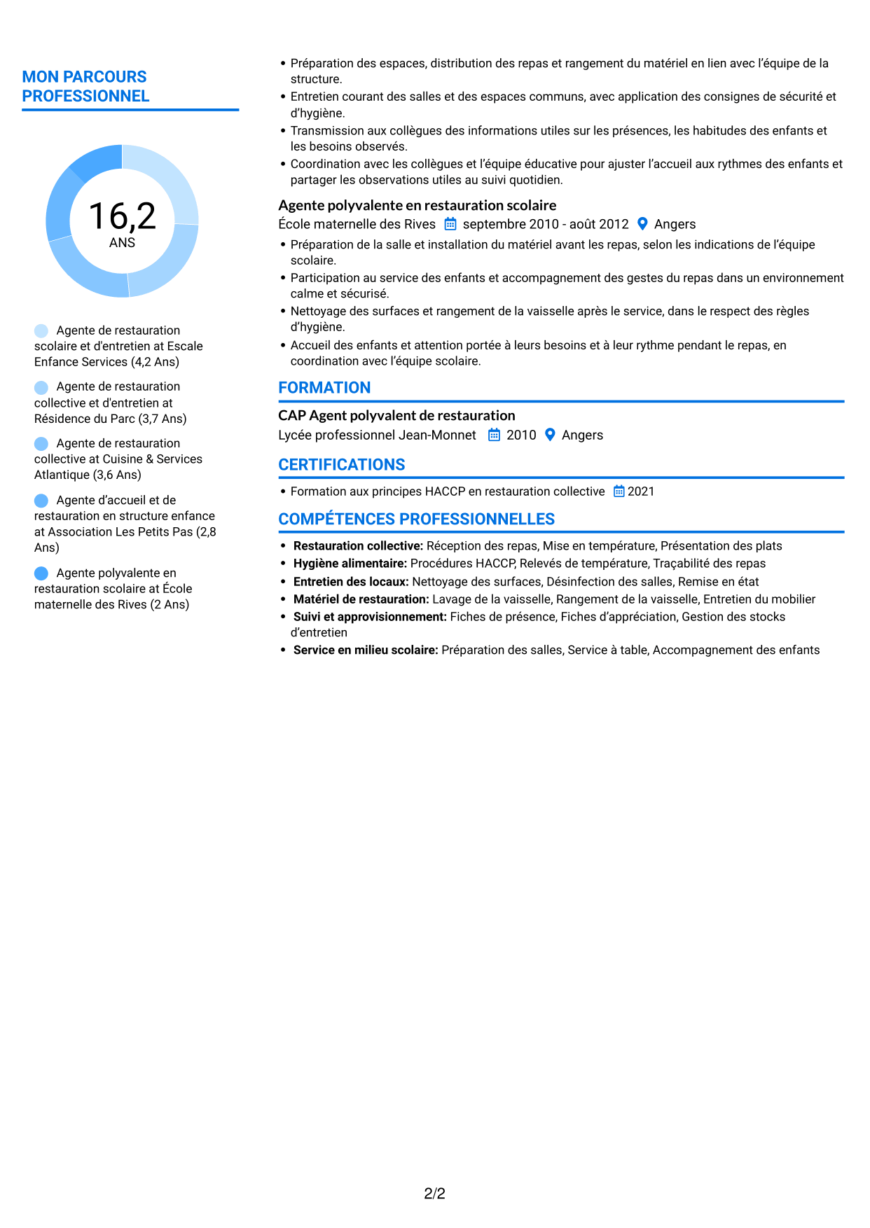 CV Audacieux (format à deux colonnes avec accents colorés et photo) : Agent de restauration scolaire et d'entretien, page 2