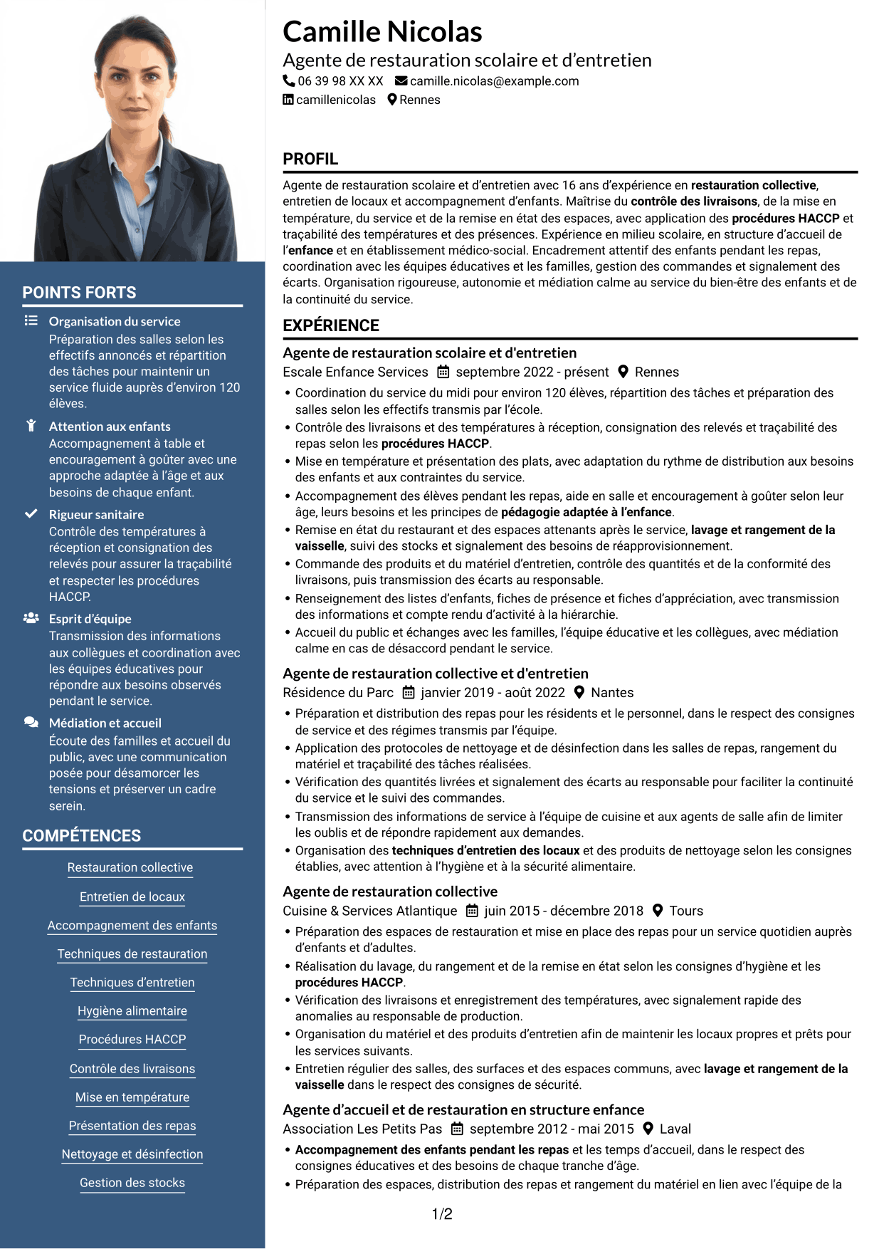 CV Signature (format à colonne latérale colorée avec grande photo) : Agent de restauration scolaire et d'entretien, page 1