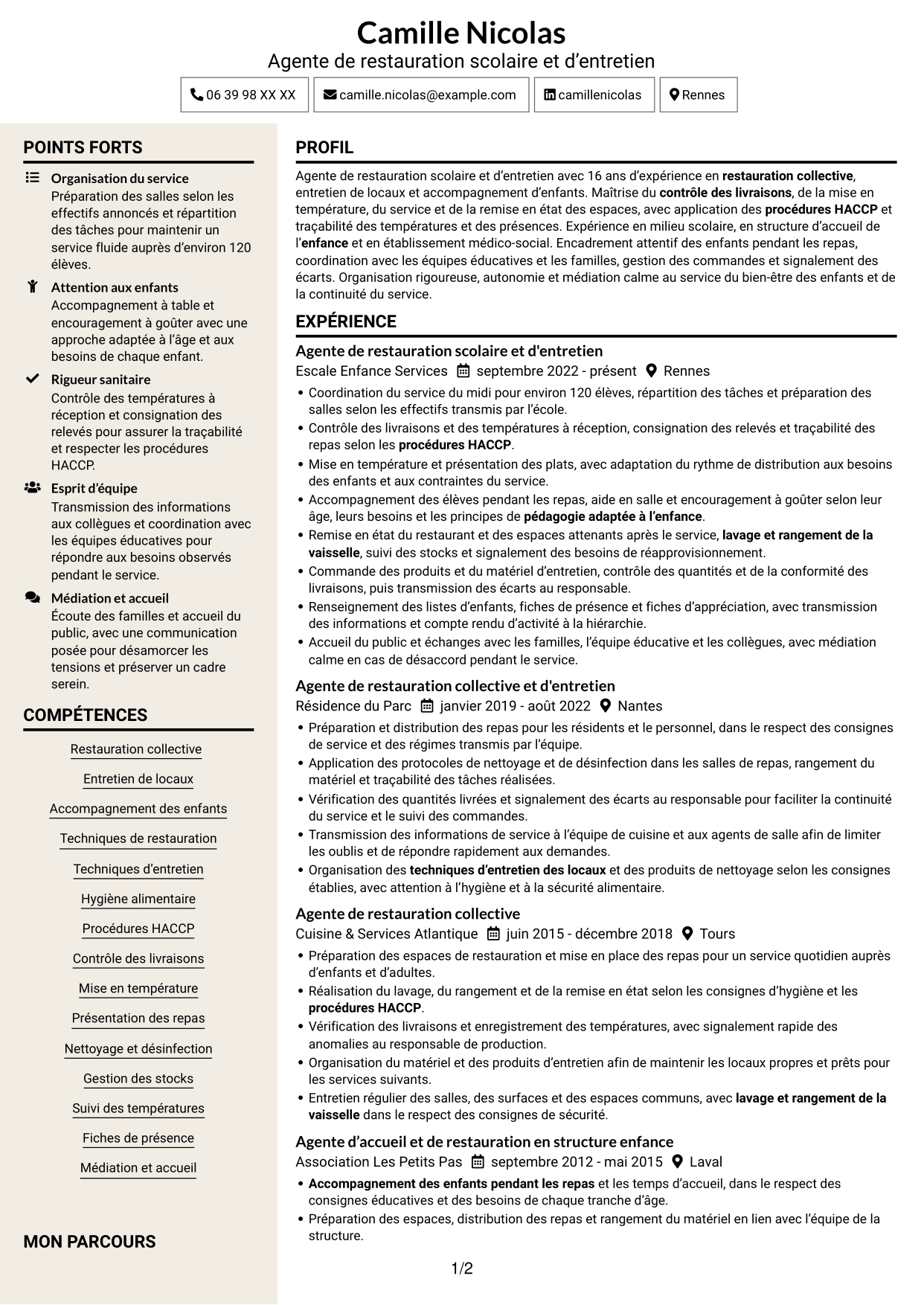 CV Fonceur (format à deux colonnes avec en-tête centré sans photo) : Agent de restauration scolaire et d'entretien, page 1