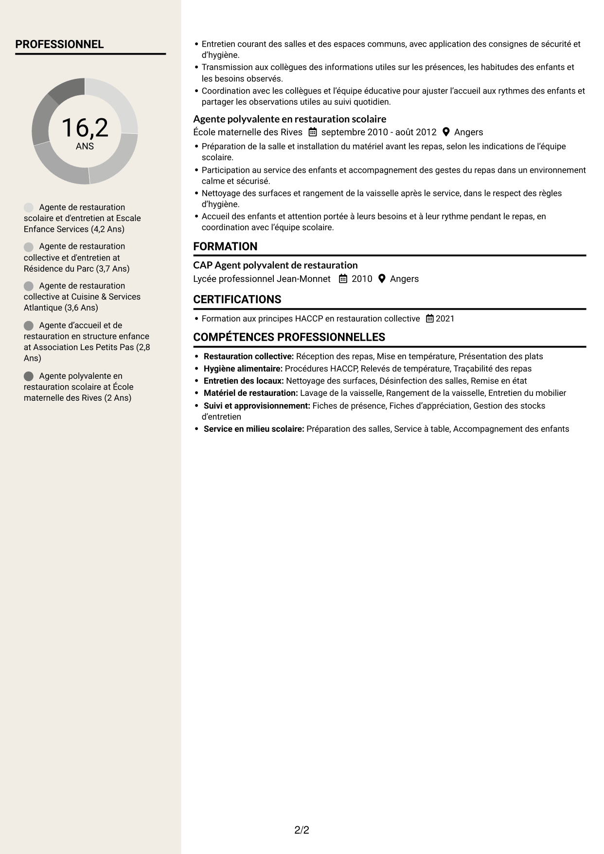 CV Fonceur (format à deux colonnes avec en-tête centré sans photo) : Agent de restauration scolaire et d'entretien, page 2